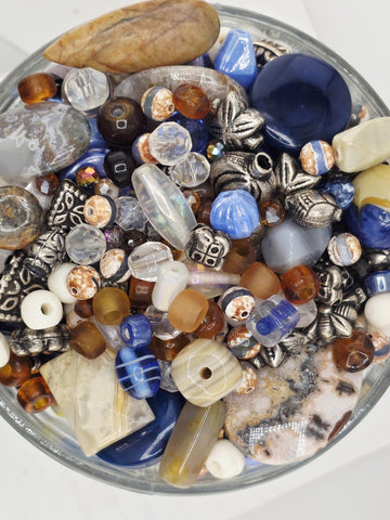 2oz "Loom With a view" Glass Bead Mix Blue, brown & white with Metal Sea Life Charms