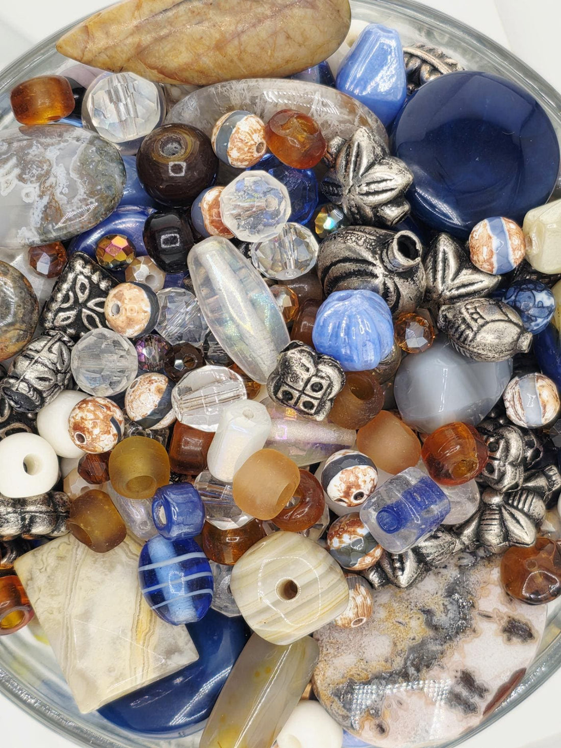 2oz "Loom With a view" Glass Bead Mix Blue, brown & white with Metal Sea Life Charms