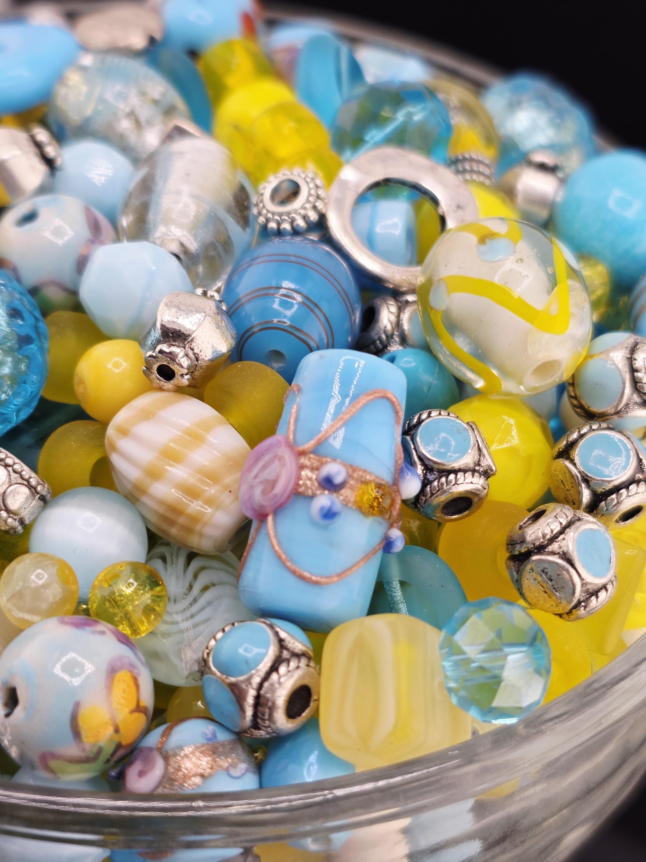 Glass & Stone Bead Mix "Butterfly Affected" Yellow and Aqua (2oz for Jewelry Making) | Jewelry Making Bracelet Supply | Learise Curated Mix