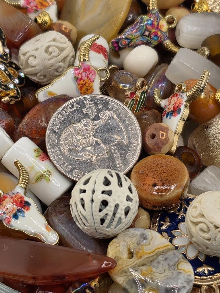 Western Bead Mix: Floral Longhorn Charms, Agate & Porcelain | Jewelry Making Bracelet Supply | Learise Curated Mix