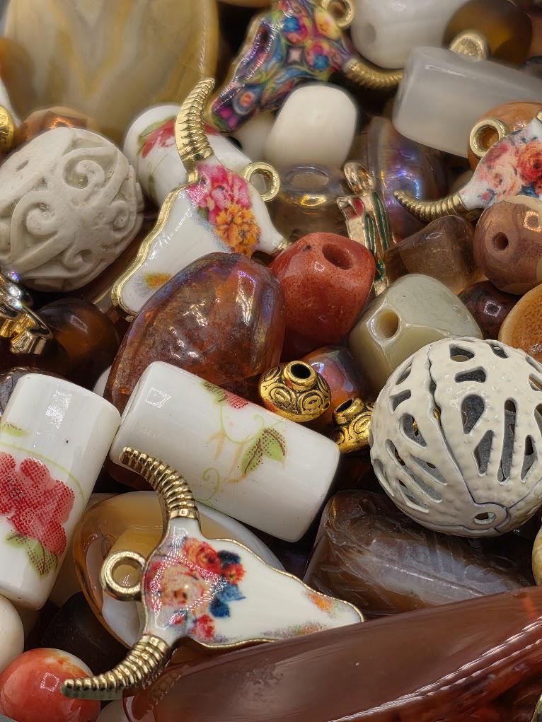 Western Bead Mix: Floral Longhorn Charms, Agate & Porcelain | Jewelry Making Bracelet Supply | Learise Curated Mix