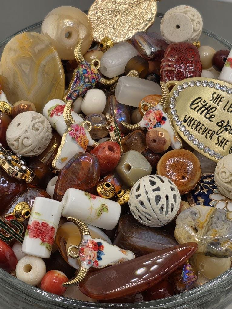 Western Bead Mix: Floral Longhorn Charms, Agate & Porcelain | Jewelry Making Bracelet Supply | Learise Curated Mix