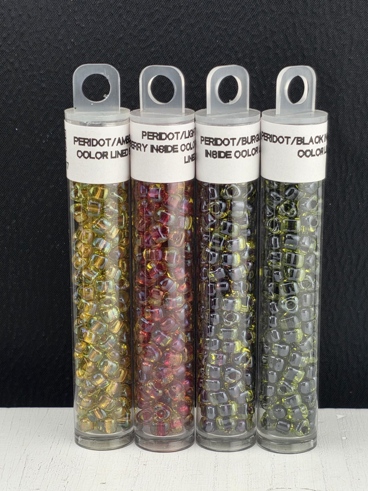 Set of 4 Miyuki Triangle Size 5 Peridot Color Lined Collection (13g each) | Japanese Seed Beads | Bead Weaving Embroidery Supply