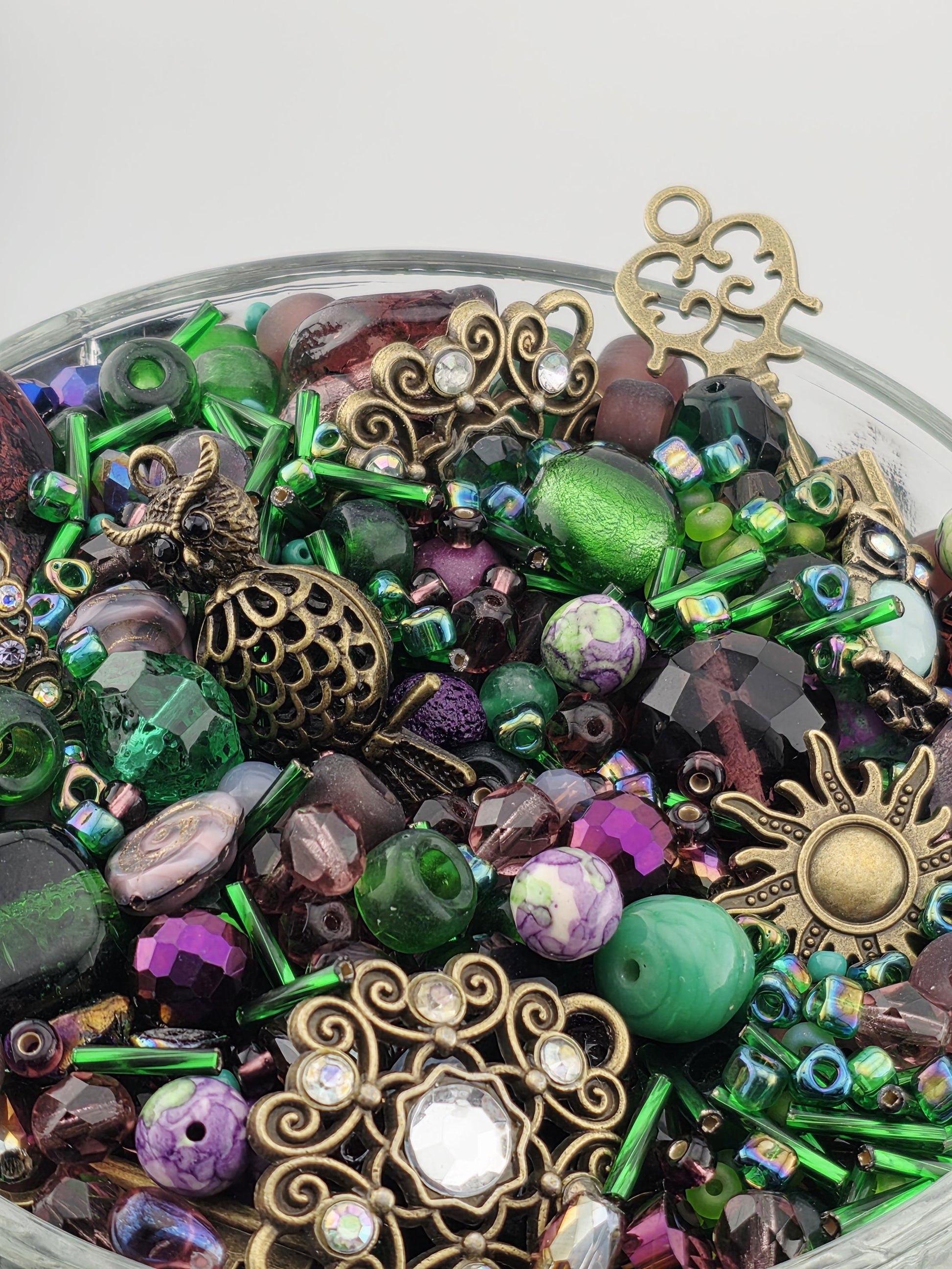 Glass Bead Mix: Icy Lilac Hues and Metal Charms - 2oz Assortment