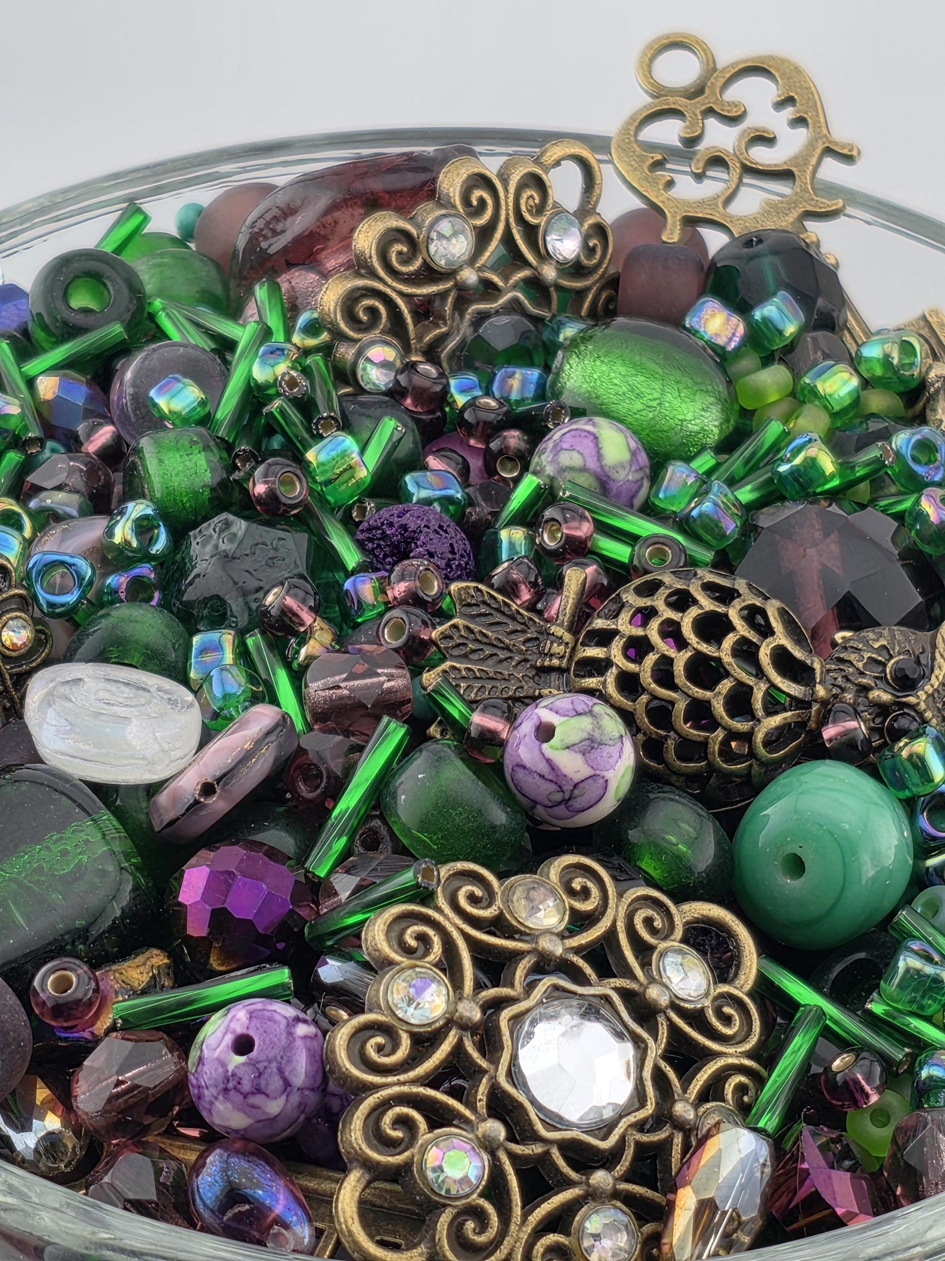 Glass Bead Mix: Icy Lilac Hues and Metal Charms - 2oz Assortment