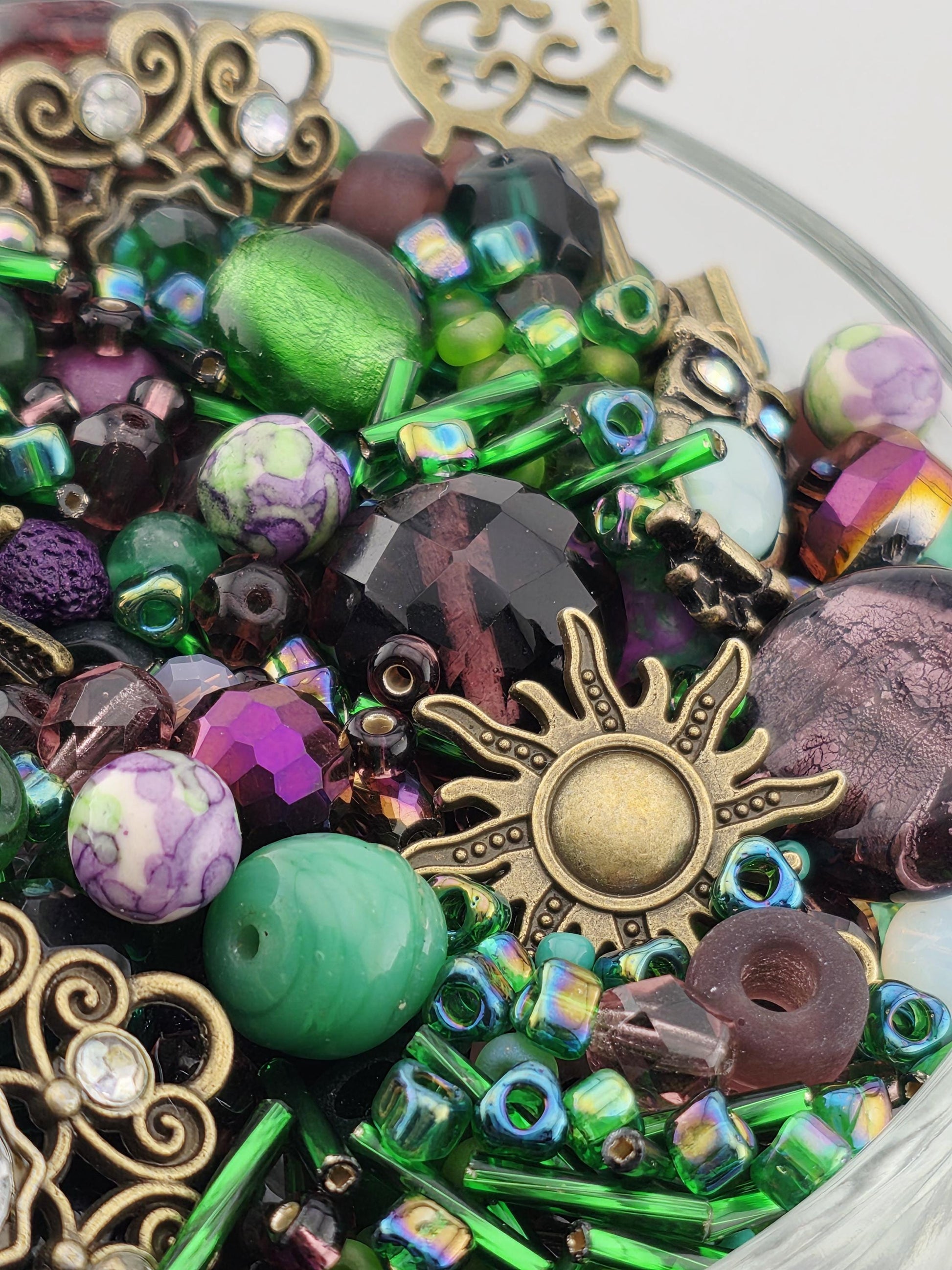 Glass Bead Mix: Icy Lilac Hues and Metal Charms - 2oz Assortment