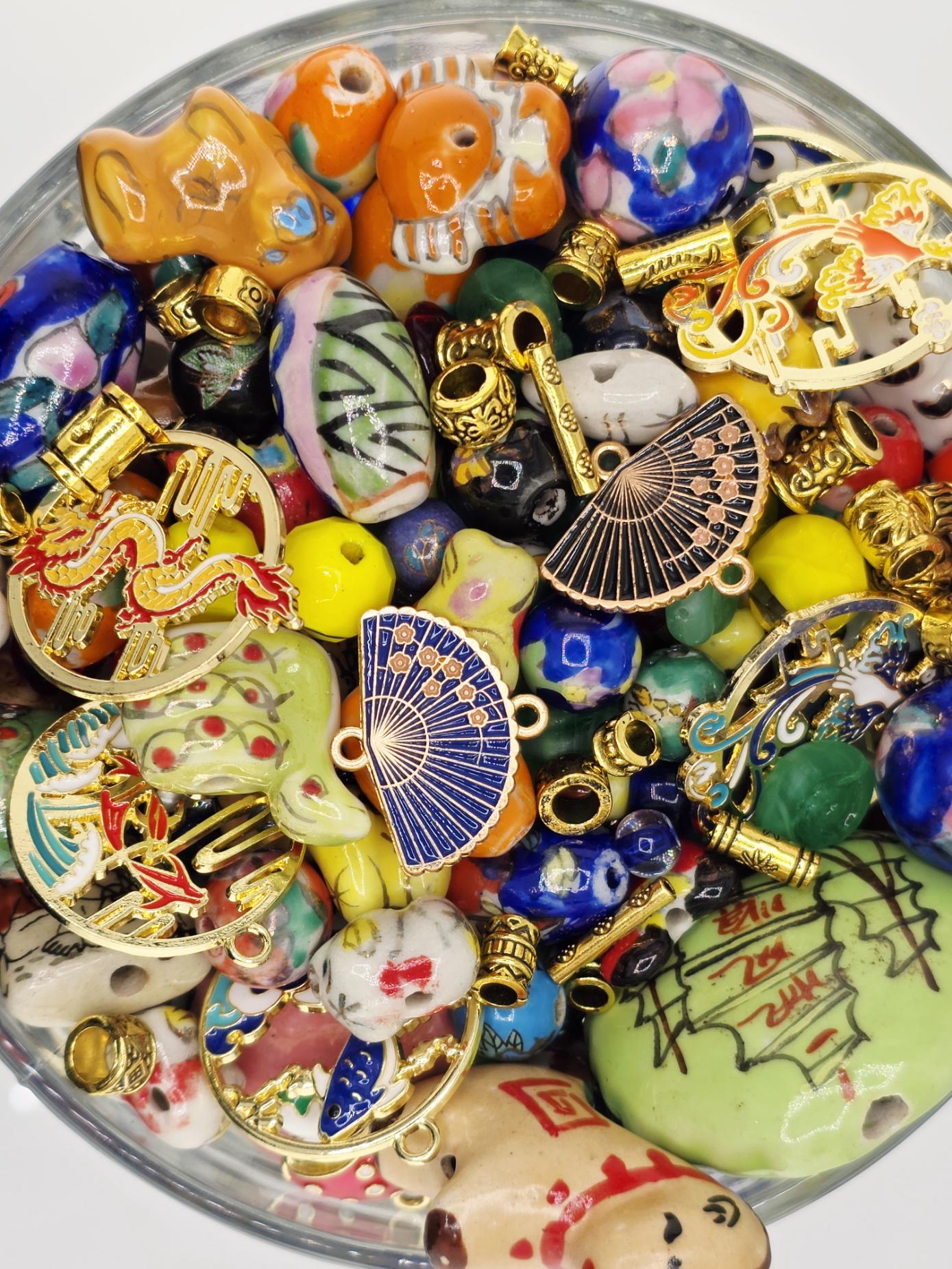 Wok This Way Colorful Glass Beads Mix - Playful Shapes and Matching Charms | Jewelry Making Bracelet Supply | Learise Curated Mix