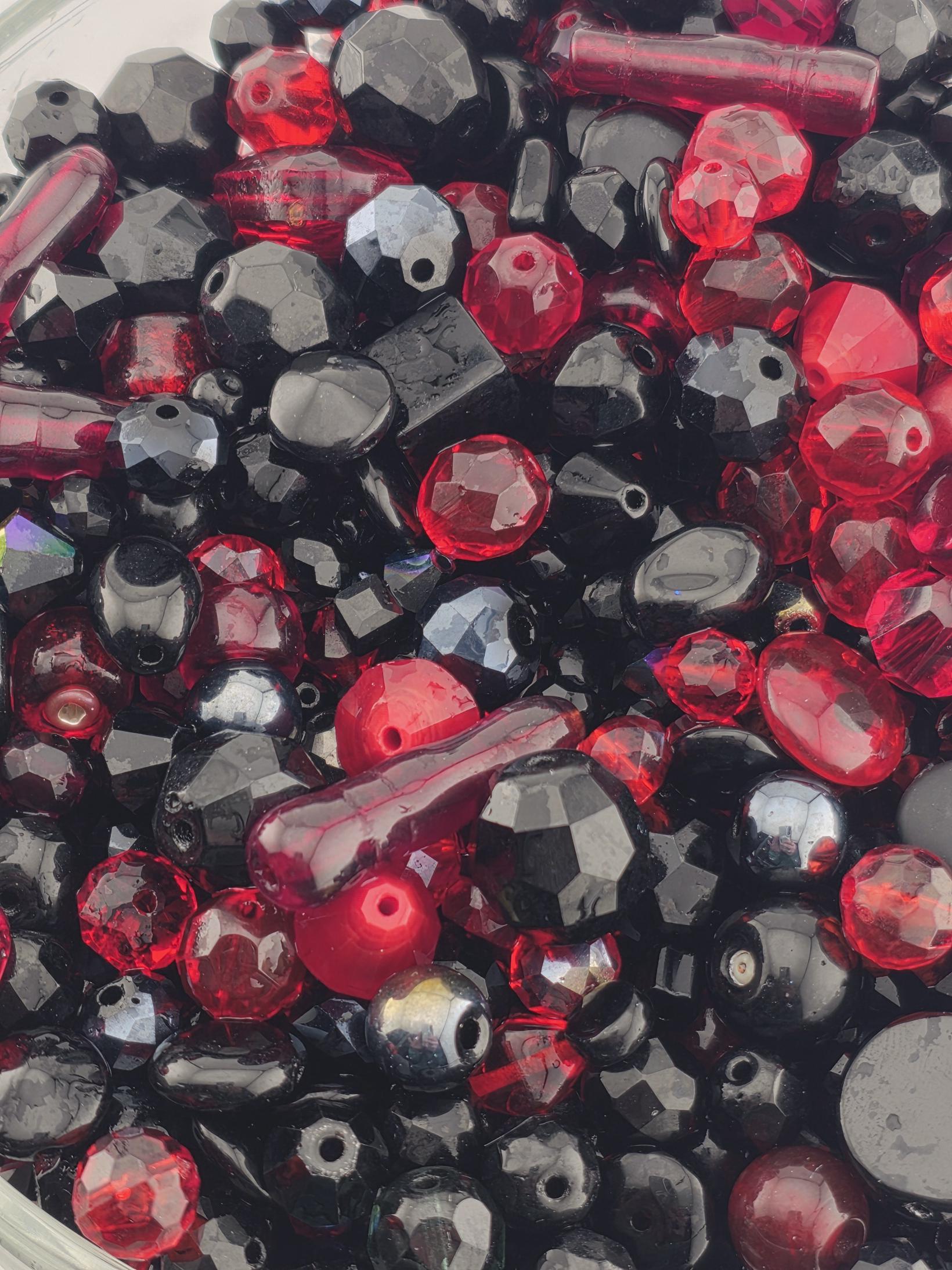 Midnight Flame Glass Beads, Red and Black Mix (Faceted Czech Bead Soup) | Jewelry Making Bracelet Supply | Learise Curated Mix