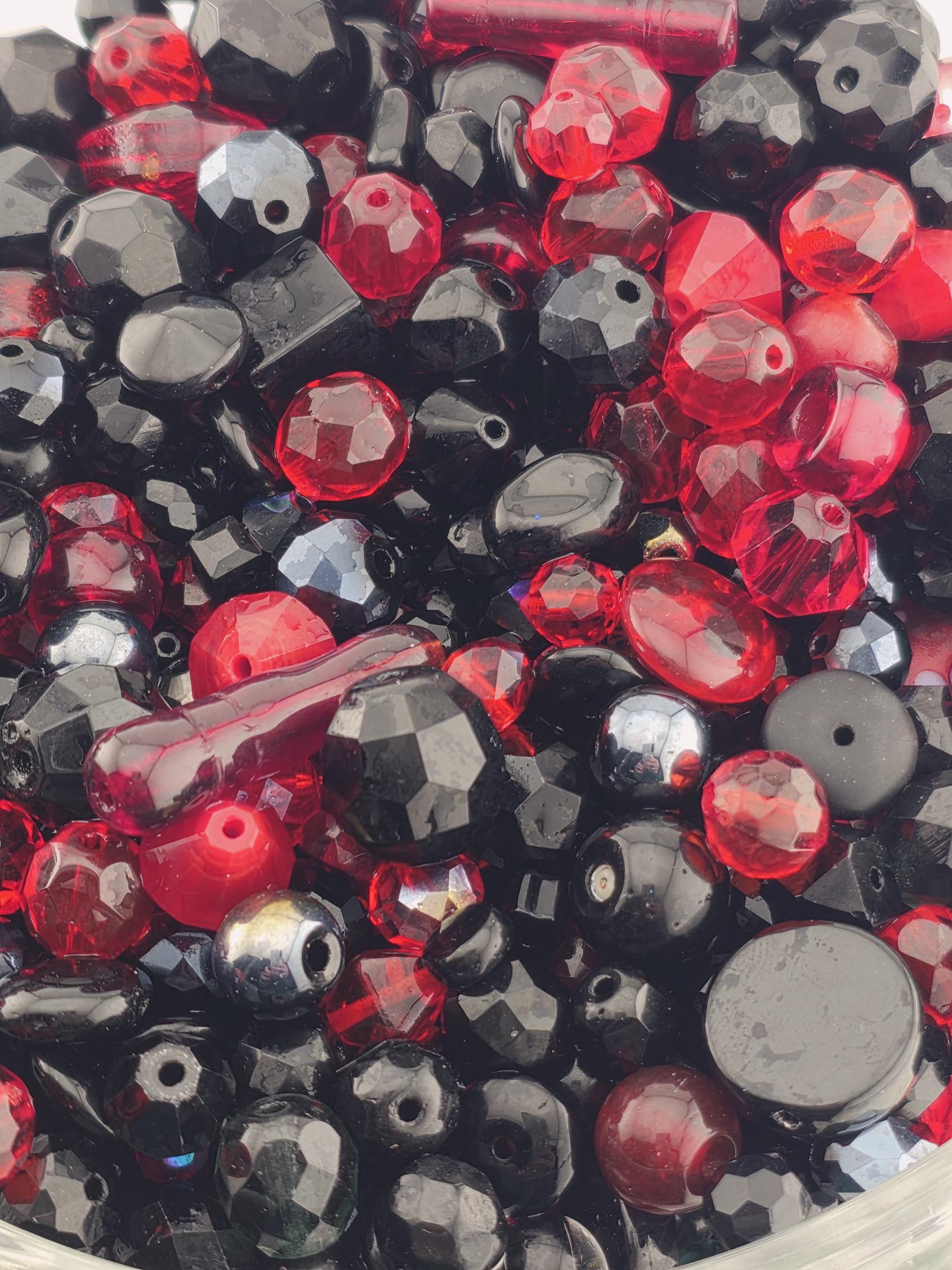 Midnight Flame Glass Beads, Red and Black Mix (Faceted Czech Bead Soup) | Jewelry Making Bracelet Supply | Learise Curated Mix