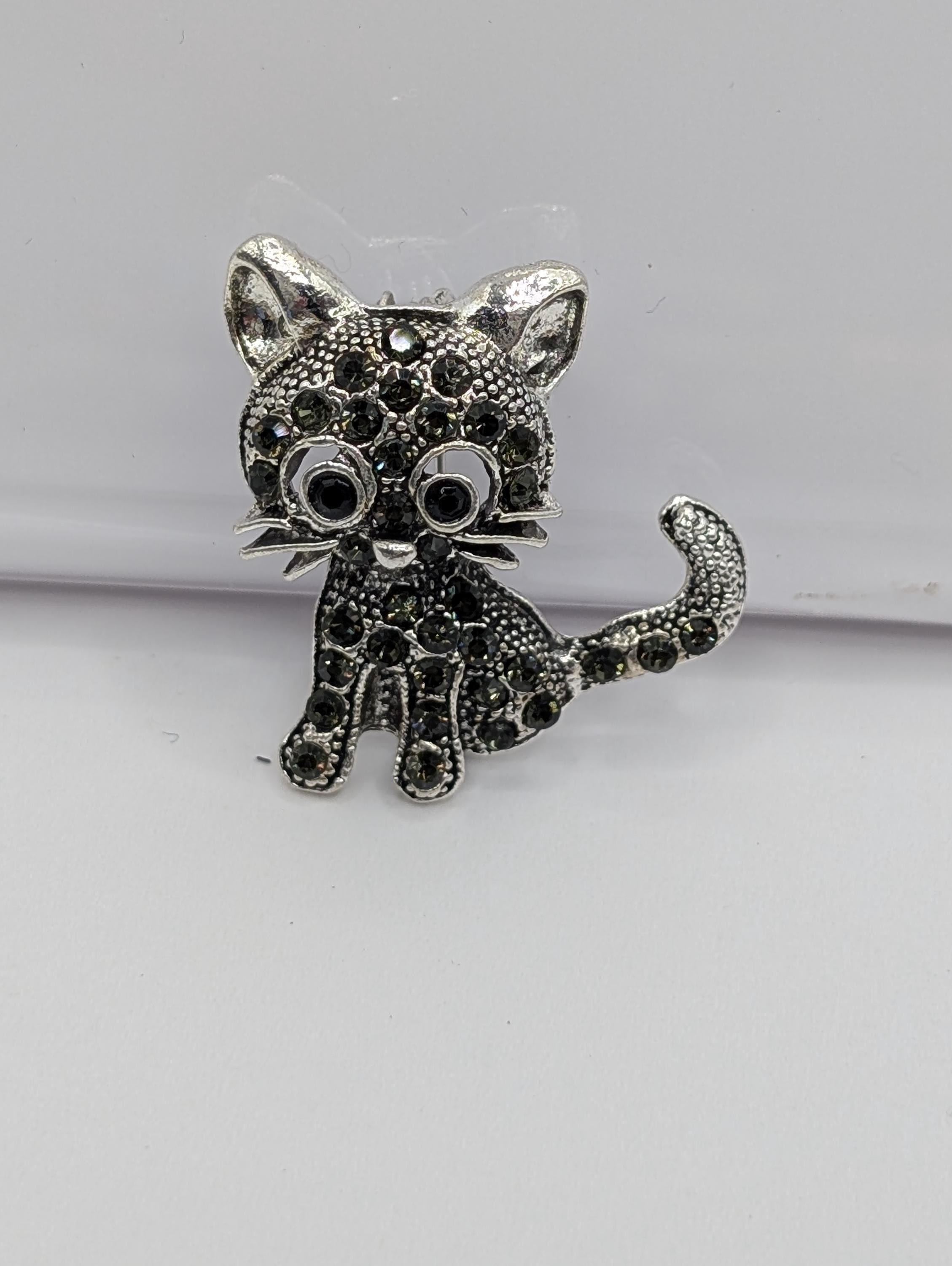 Cat Brooch Pin: Silver Plated with Black Rhinestones - Sparkle Accessory | Handmade Pin | Jacket Scarf Hat Accessory | Gift Idea