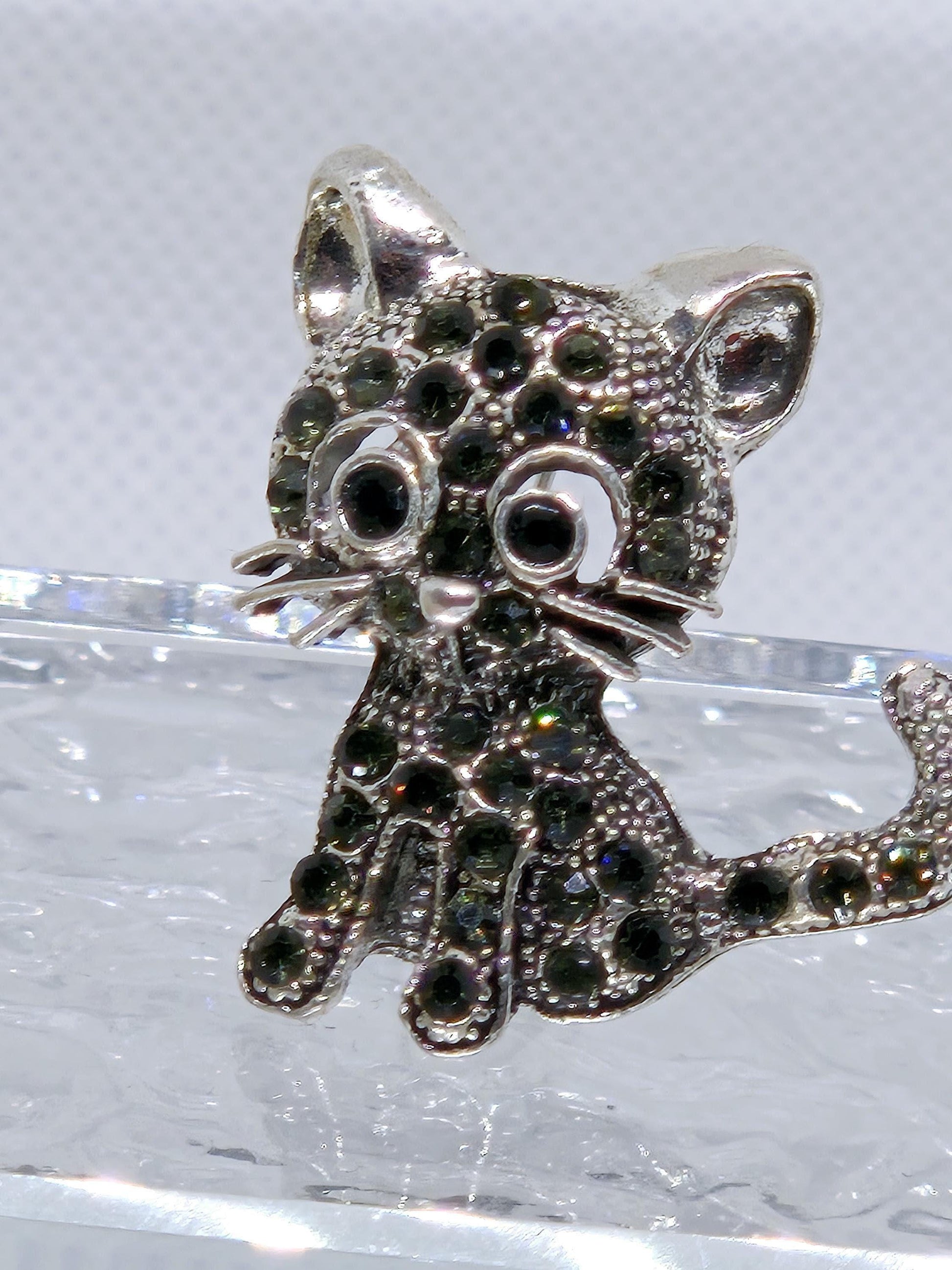 Cat Brooch Pin: Silver Plated with Black Rhinestones - Sparkle Accessory | Handmade Pin | Jacket Scarf Hat Accessory | Gift Idea