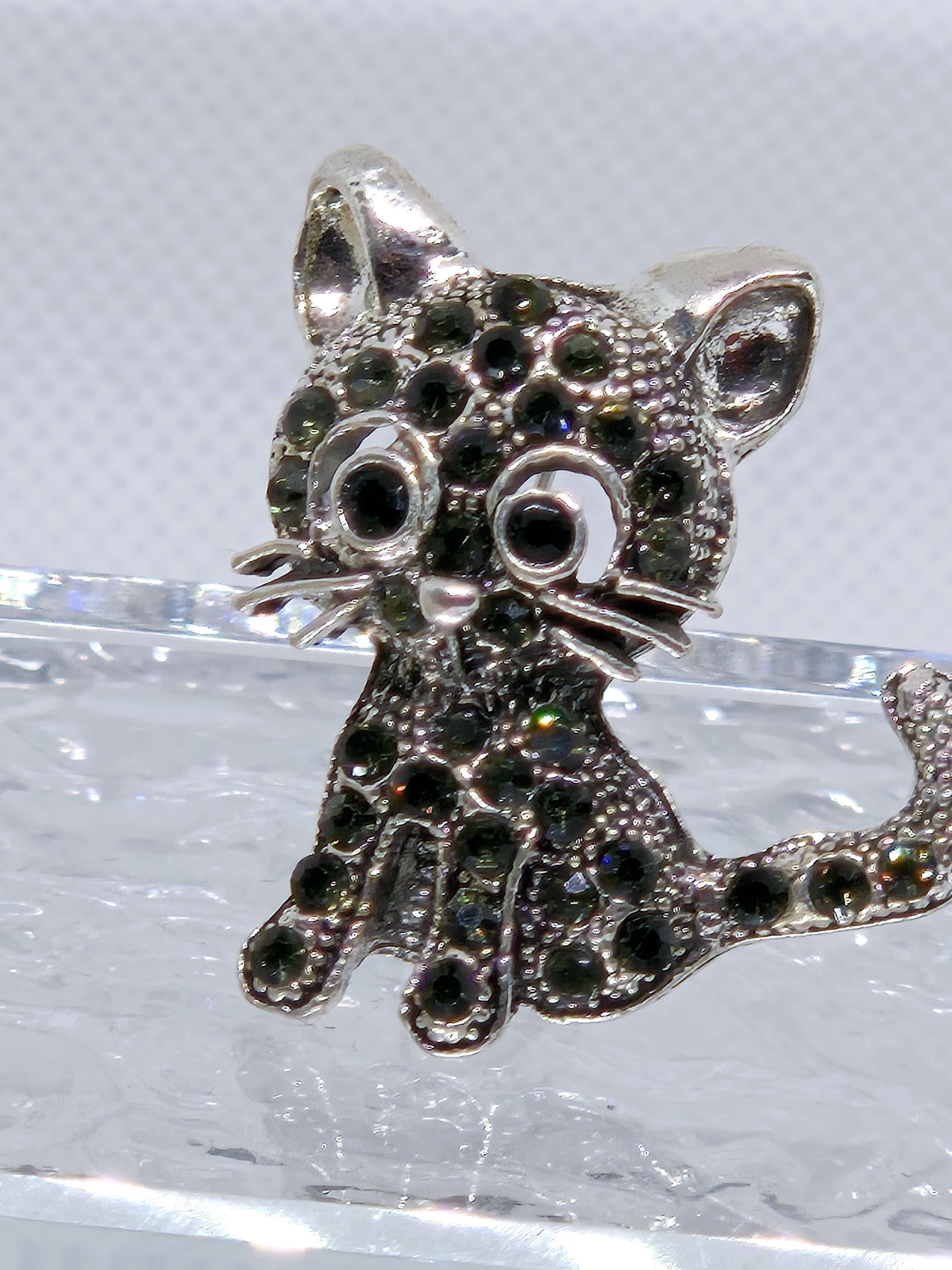Cat Brooch Pin: Silver Plated with Black Rhinestones - Sparkle Accessory | Handmade Pin | Jacket Scarf Hat Accessory | Gift Idea