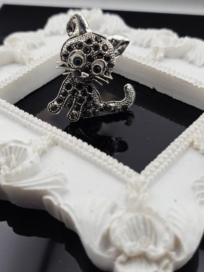 A decorative cat brooch with a black and silver design, placed within a white ornate frame.