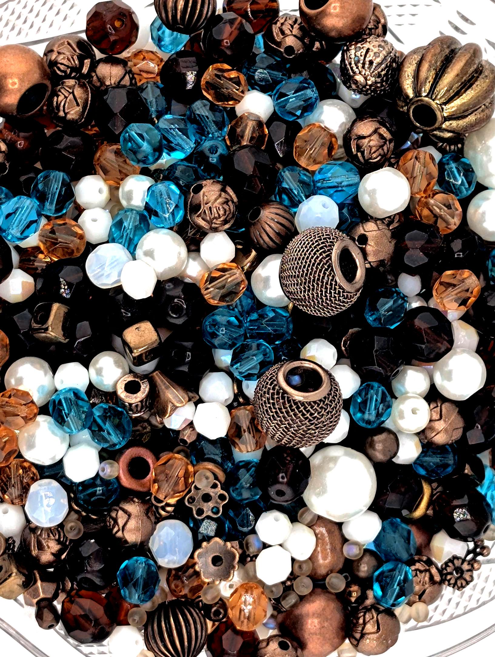 Sunken Treasure Glass Bead Mix: Deep Sapphire, Aqua, Copper Accents
