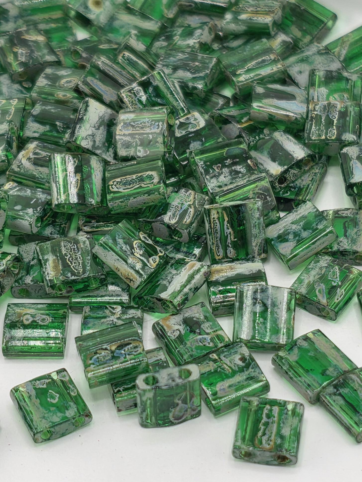 TL4507 Moss Agate Tila Beads, Matte AB Two-Hole (7.5g Package)