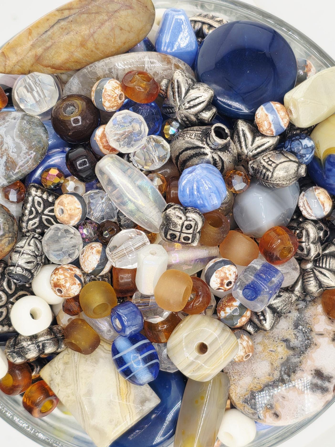 2oz "Loom With a view" Glass Bead Mix Blue, brown & white with Metal Sea Life Charms