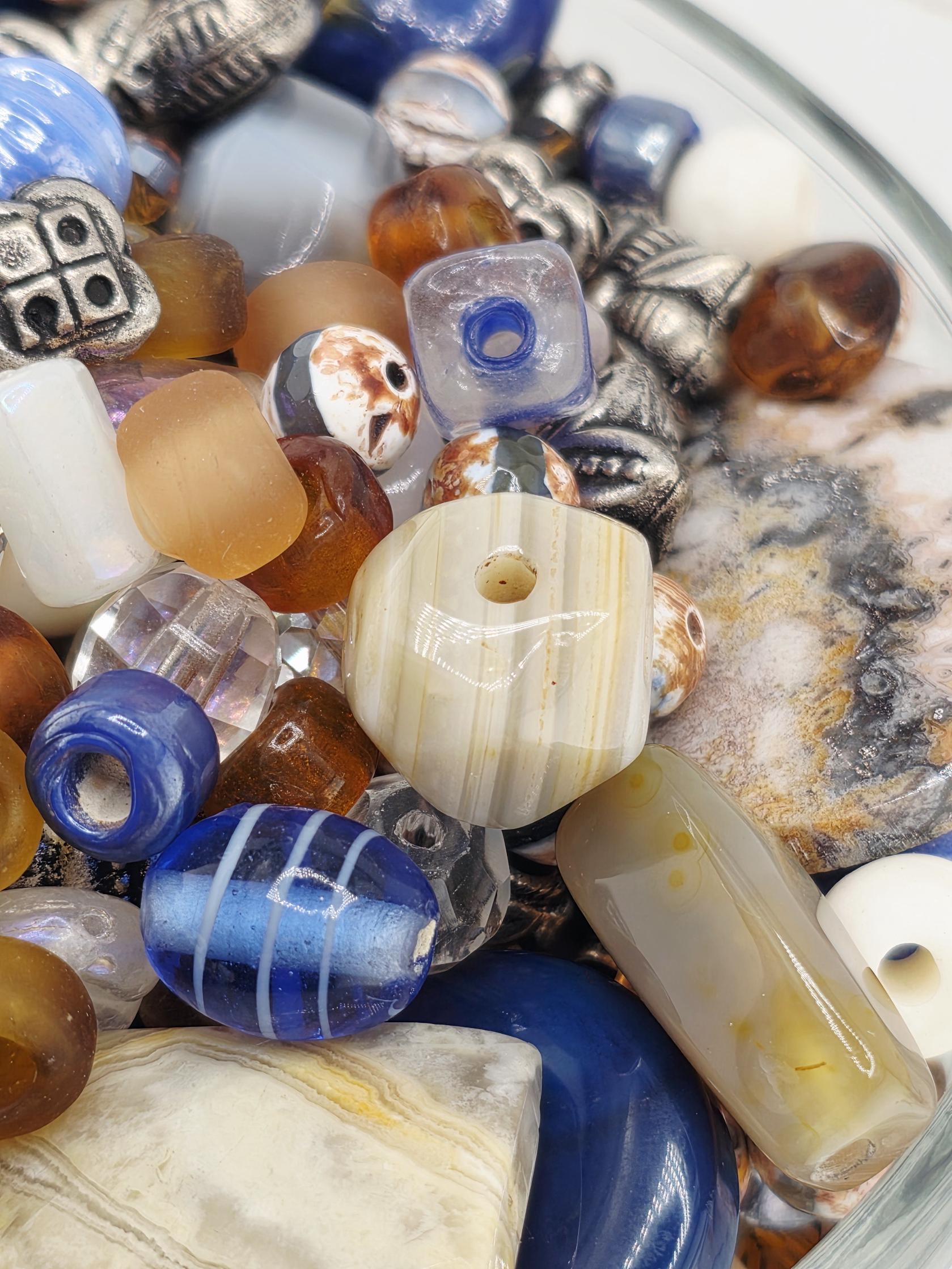 2oz "Loom With a view" Glass Bead Mix Blue, brown & white with Metal Sea Life Charms