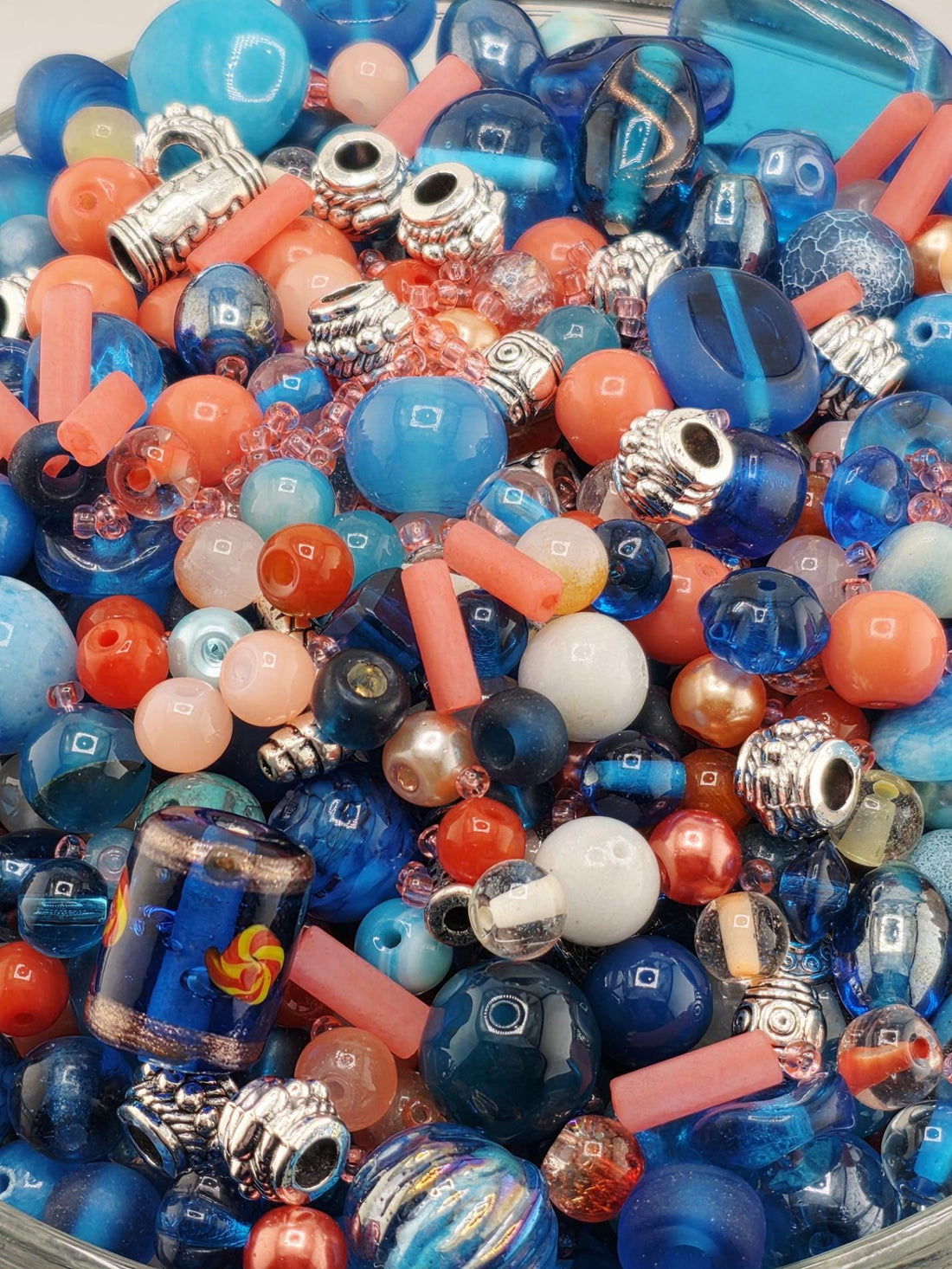 2oz "Coral Grief" Salmon and Aqua Colored Glass and Metal Bead Mix