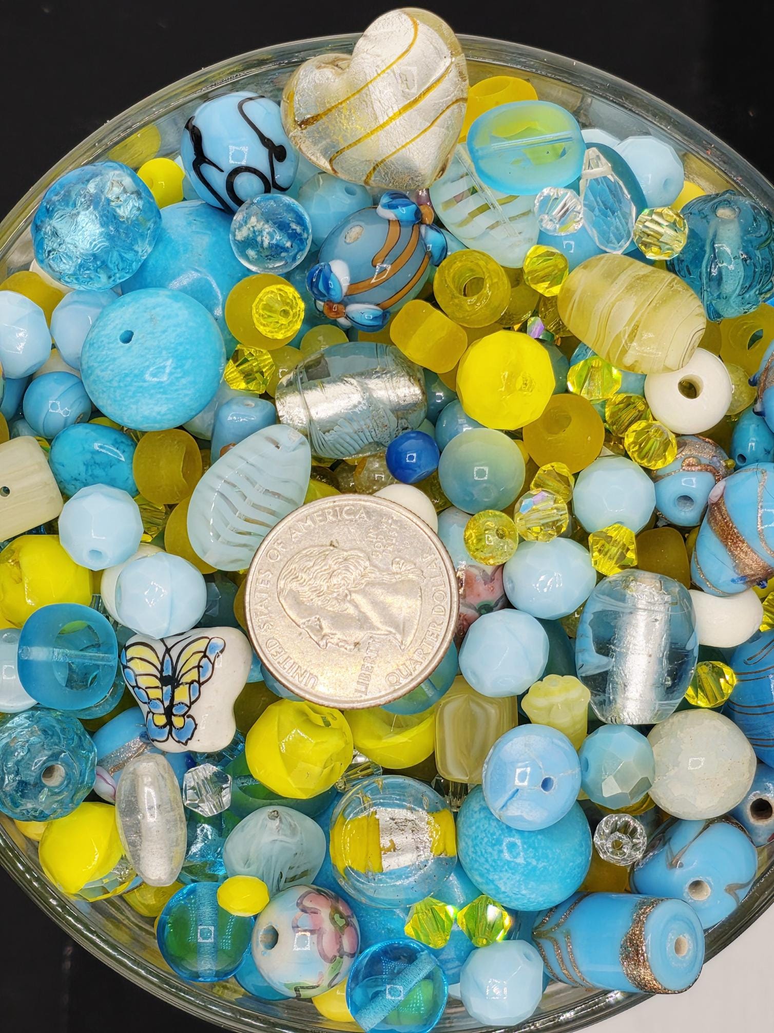 2oz "The Butterfly Effected" Glass Bead Mix Yellow & Aqua Colors