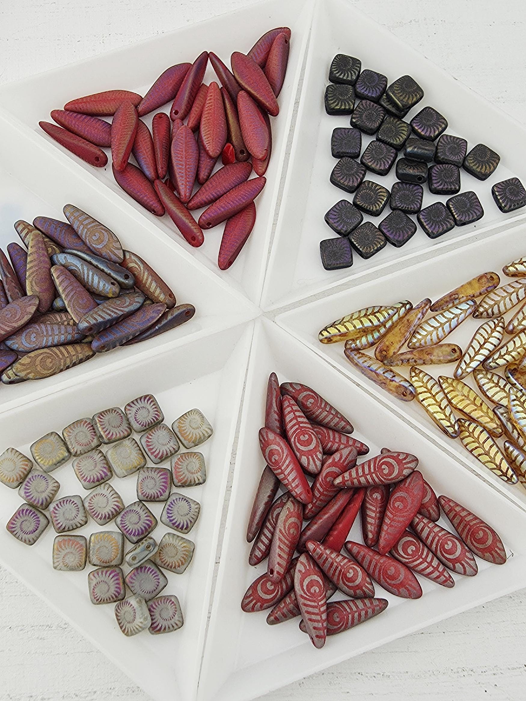 Laser Etched Tiles & Daggers, Craft Bead Set ~25pcs, Matte Rainbow Czech Glass 15mm | Japanese Seed Beads | Bead Weaving Embroidery Supply