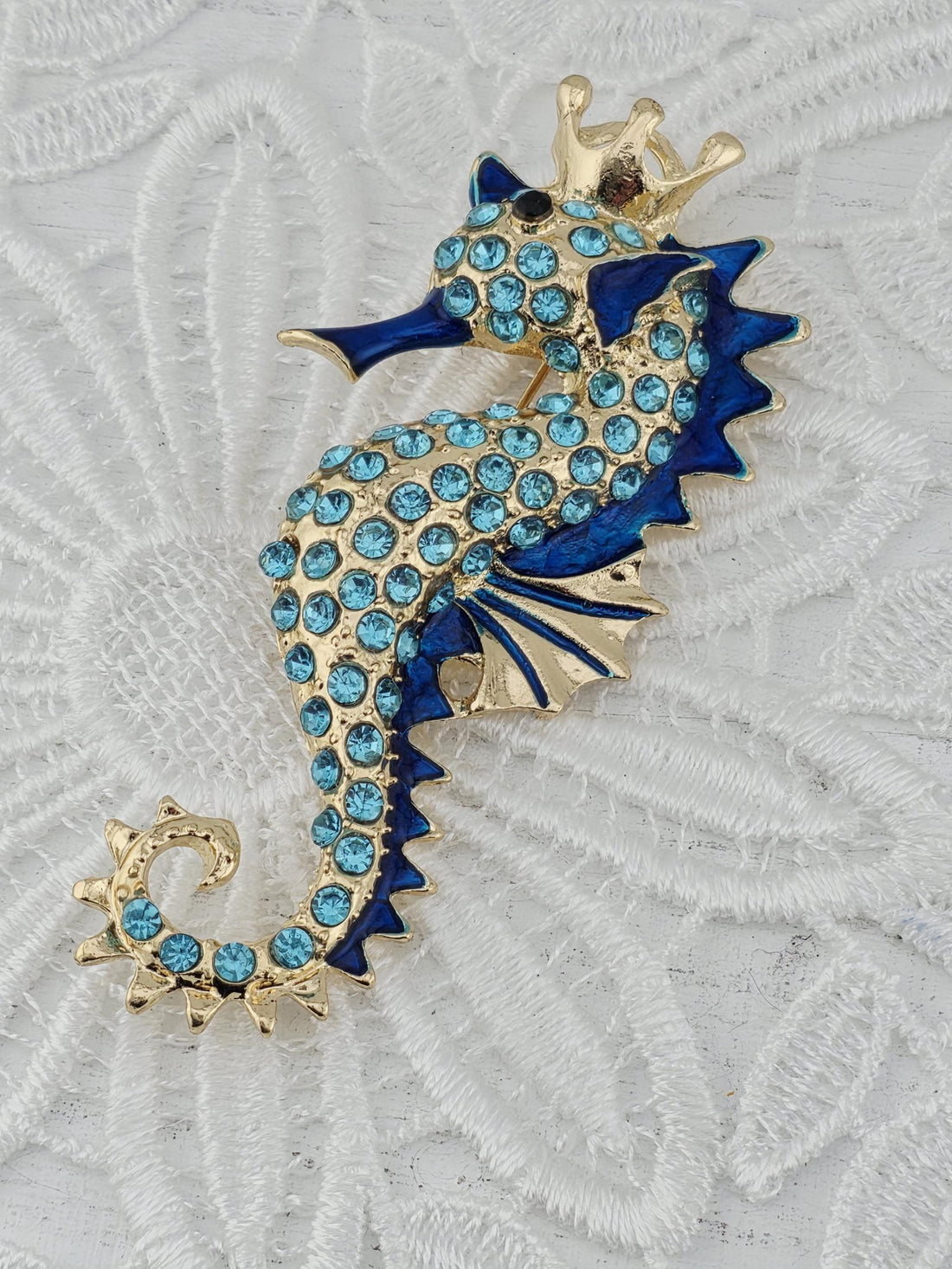 Seahorse Brooch: Ocean Theme, Blue Rhinestones (Cartoon Style) | Handmade Pin | Jacket Scarf Hat Accessory | Gift Idea