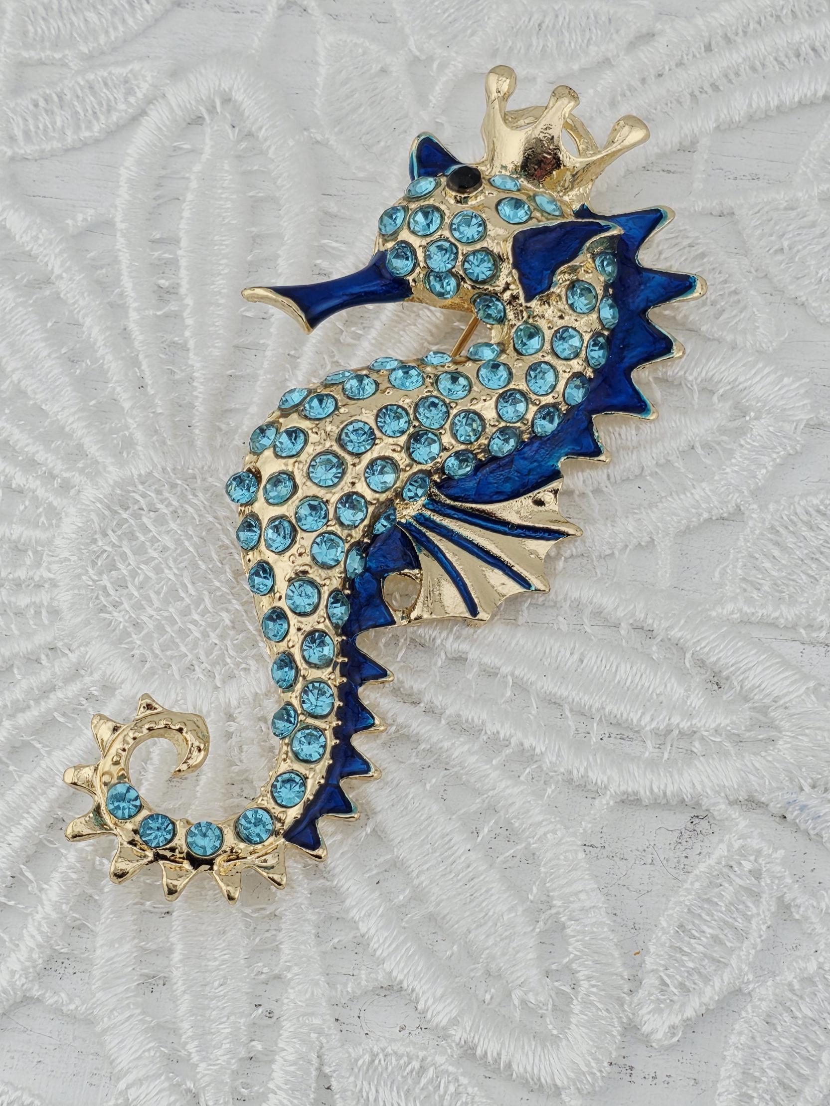 Seahorse Brooch: Ocean Theme, Blue Rhinestones (Cartoon Style) | Handmade Pin | Jacket Scarf Hat Accessory | Gift Idea