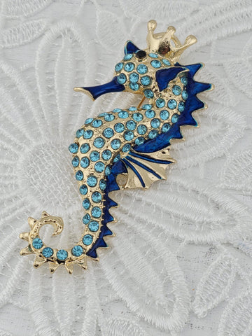 Seahorse Brooch: Ocean Theme, Blue Rhinestones (Cartoon Style) | Handmade Pin | Jacket Scarf Hat Accessory | Gift Idea
