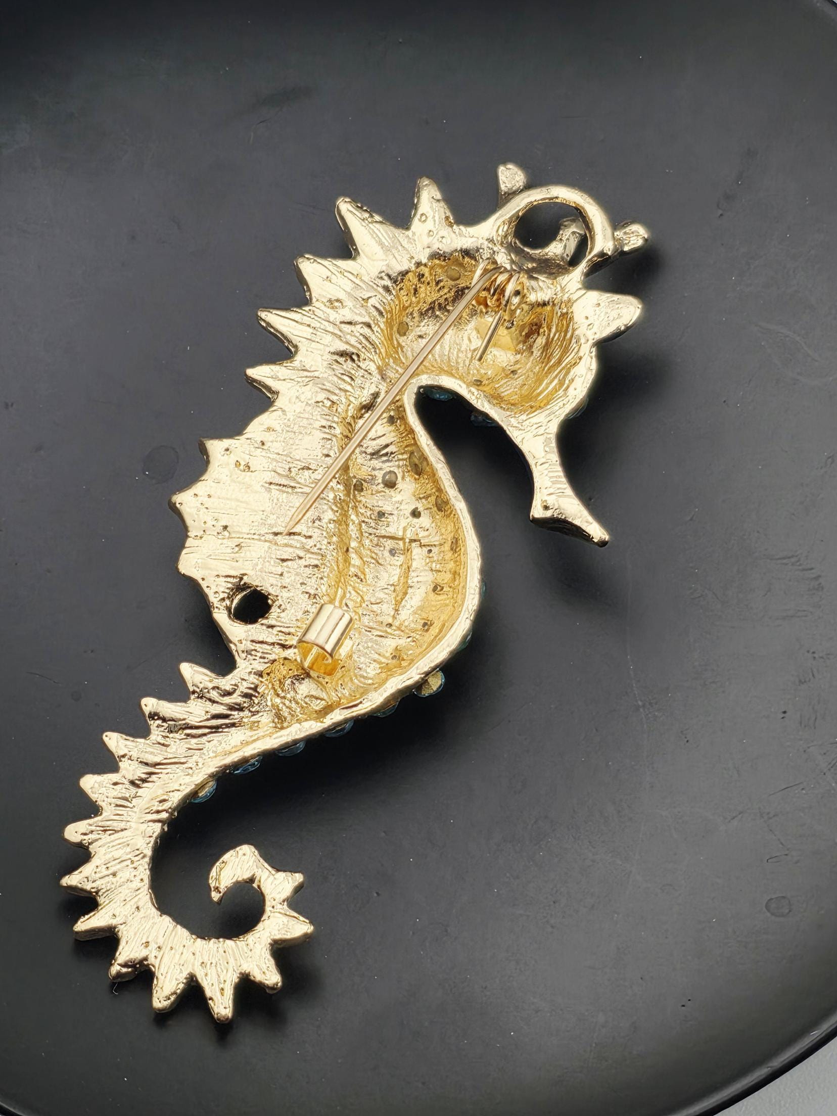 Seahorse Brooch: Ocean Theme, Blue Rhinestones (Cartoon Style) | Handmade Pin | Jacket Scarf Hat Accessory | Gift Idea