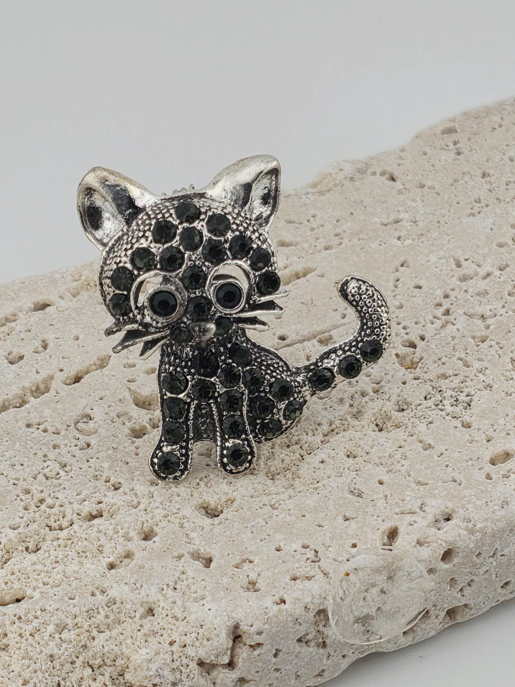 Vintage Silvery Cat Brooch Pin (Lapel or Shirt Accessory) | Handmade Pin | Jacket Scarf Hat Accessory | Gift Idea