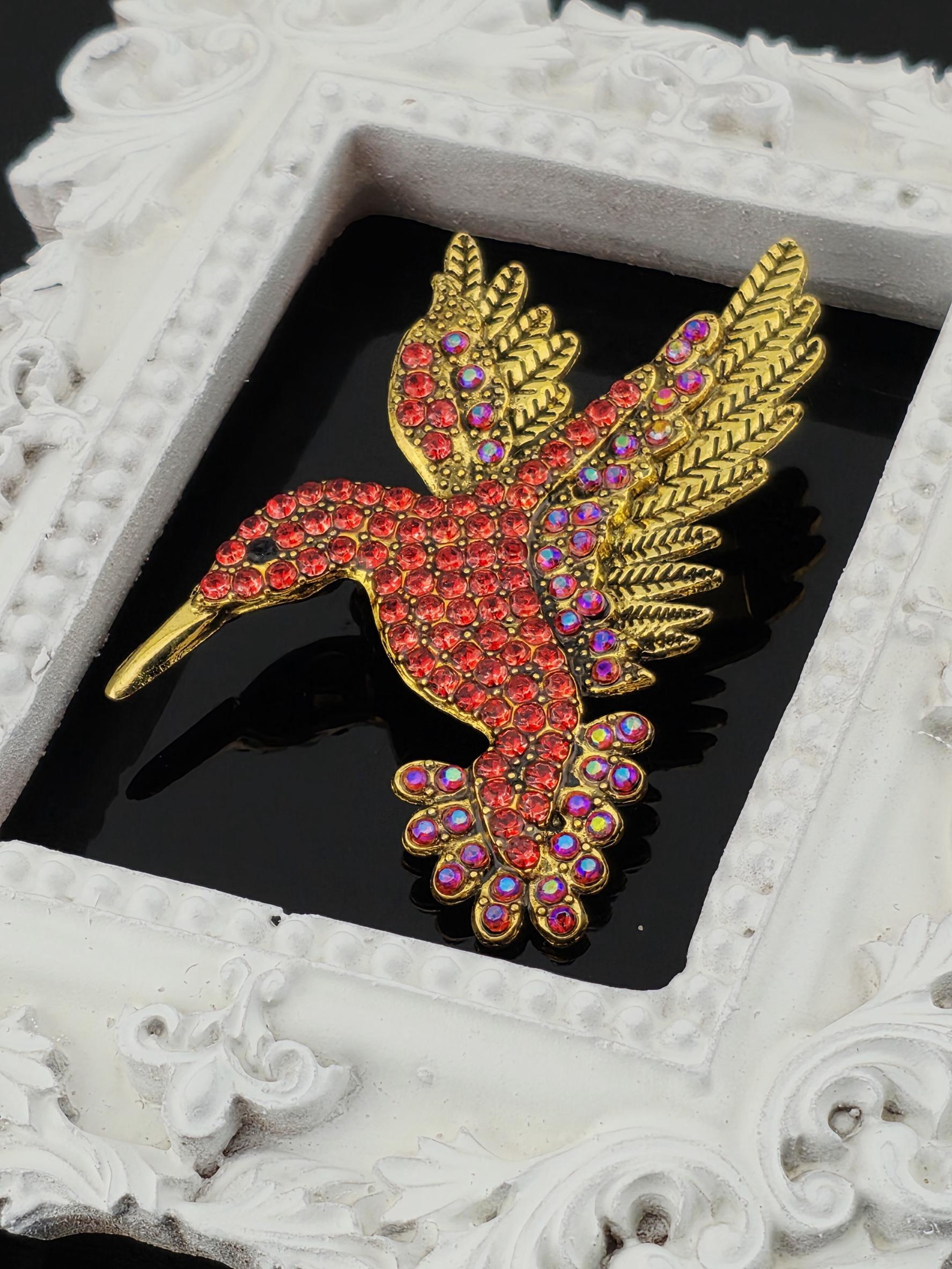 Hummingbird Brooch, Red Rhinestones Sparkle (40x50mm Pin) | Handmade Pin | Jacket Scarf Hat Accessory | Gift Idea