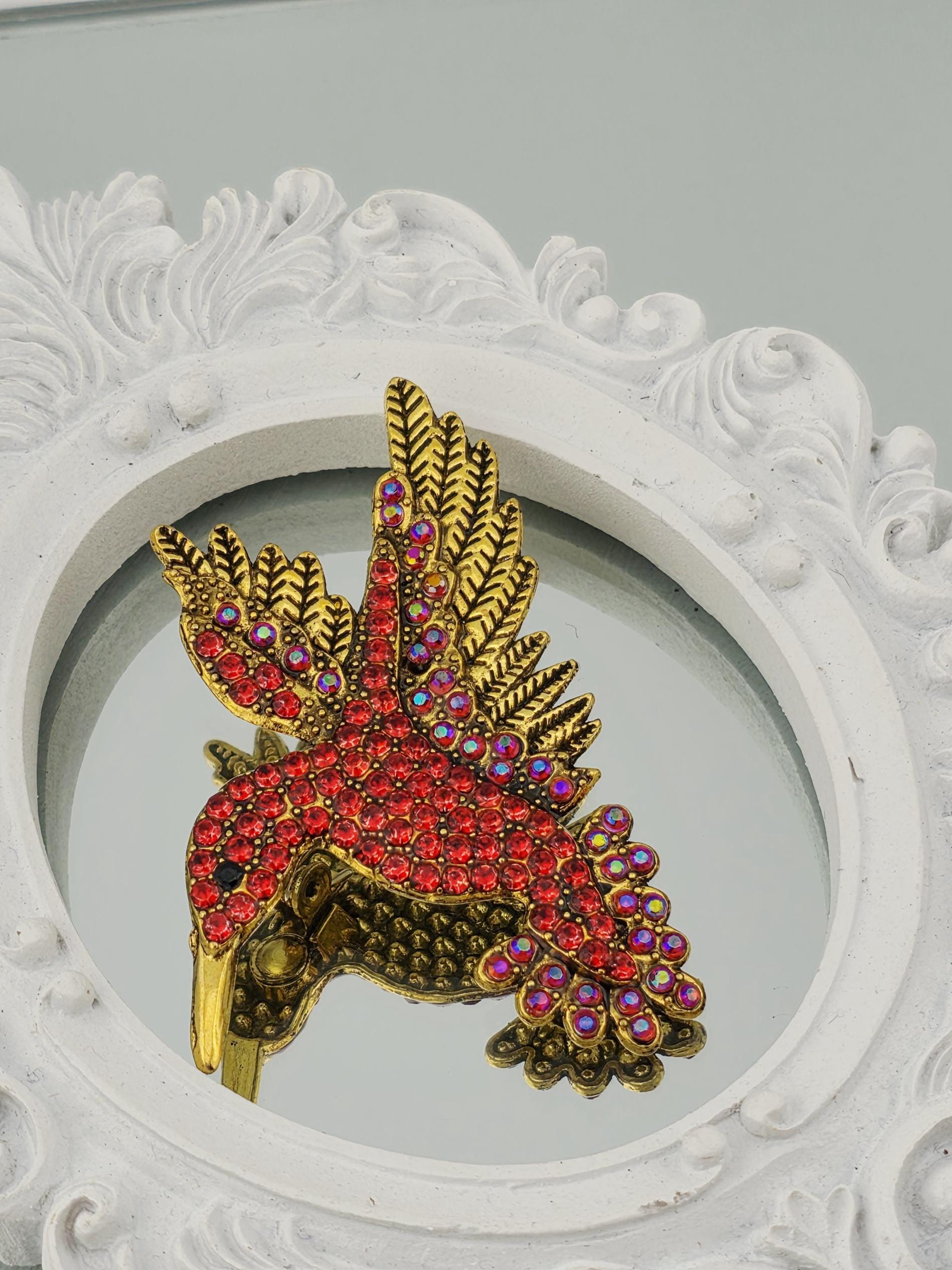 Hummingbird Brooch, Red Rhinestones Sparkle (40x50mm Pin) | Handmade Pin | Jacket Scarf Hat Accessory | Gift Idea