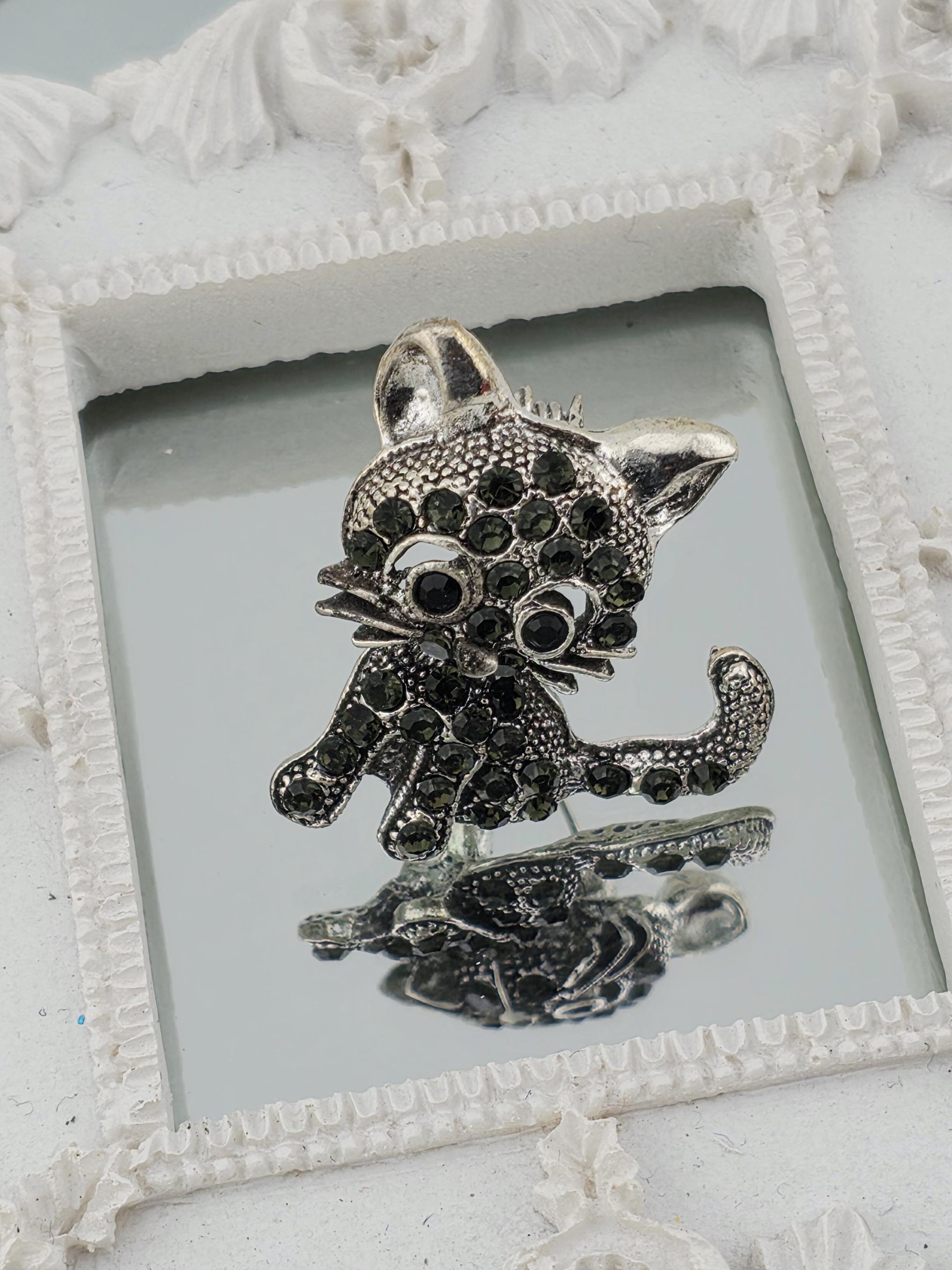 Vintage Silvery Cat Brooch Pin (Lapel or Shirt Accessory) | Handmade Pin | Jacket Scarf Hat Accessory | Gift Idea