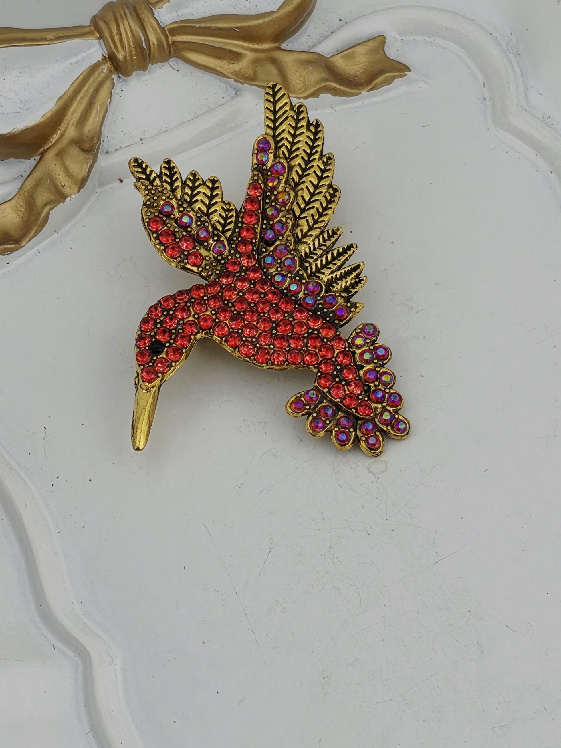 Hummingbird Brooch, Red Rhinestones Sparkle (40x50mm Pin) | Handmade Pin | Jacket Scarf Hat Accessory | Gift Idea