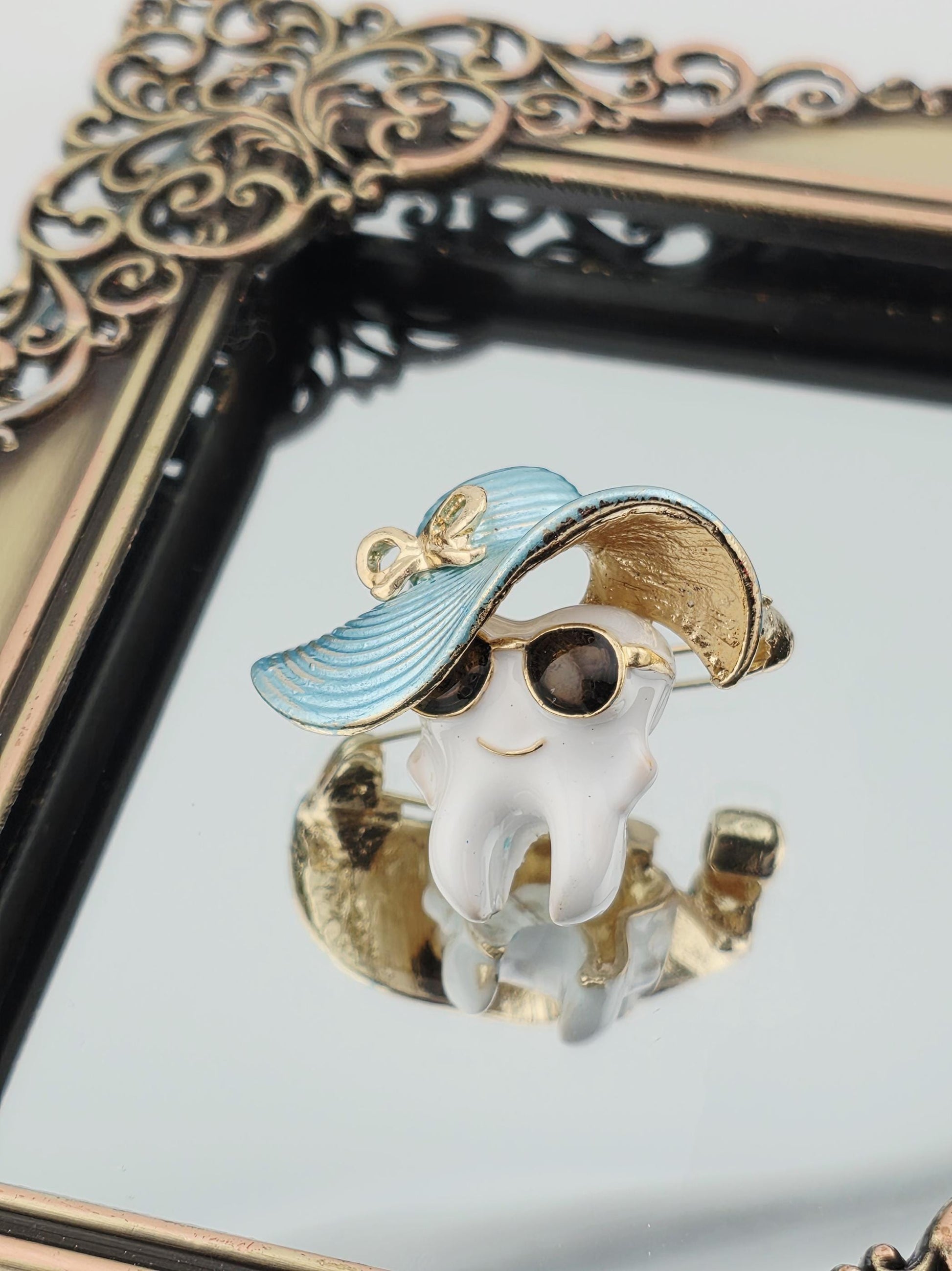 Brooch Pins: Fun Tooth and Hat Designs (Pastel Colors, Gold Trim) | Handmade Pin | Jacket Scarf Hat Accessory | Gift Idea