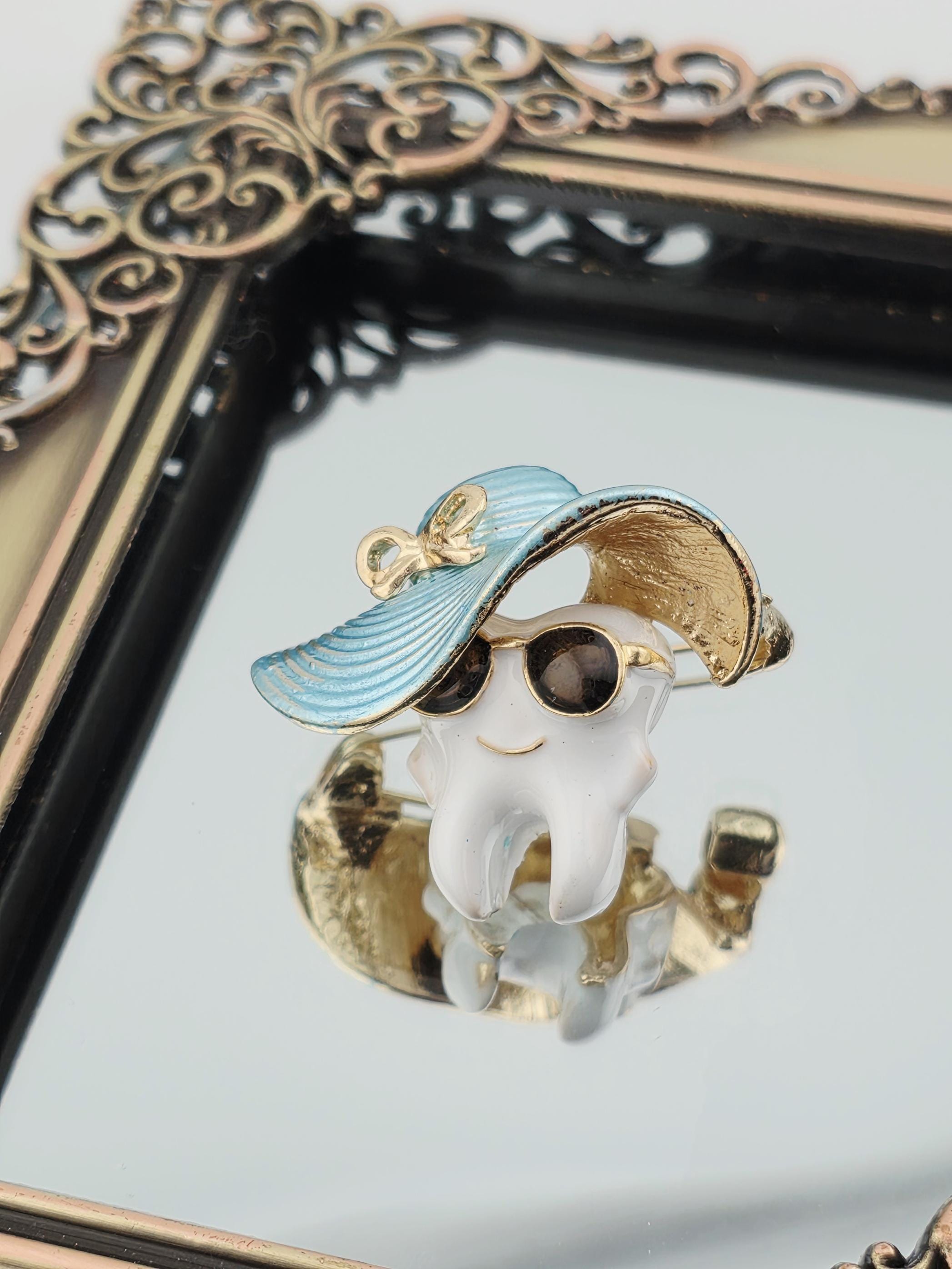 Brooch Pins: Fun Tooth and Hat Designs (Pastel Colors, Gold Trim) | Handmade Pin | Jacket Scarf Hat Accessory | Gift Idea