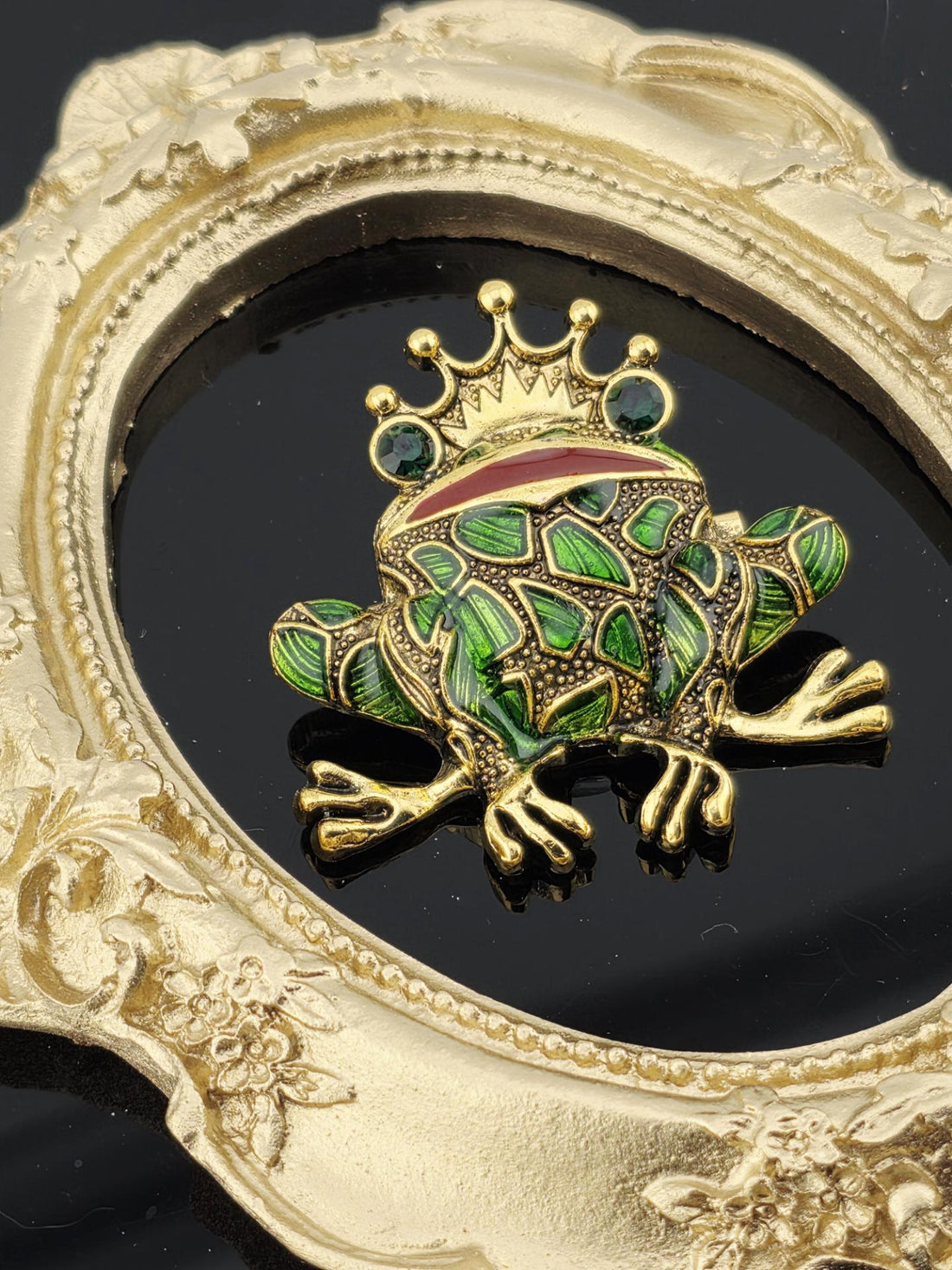 Frog Prince Brooch: Vintage Style with Gold Crown and Green Eyes | Handmade Pin | Jacket Scarf Hat Accessory | Gift Idea