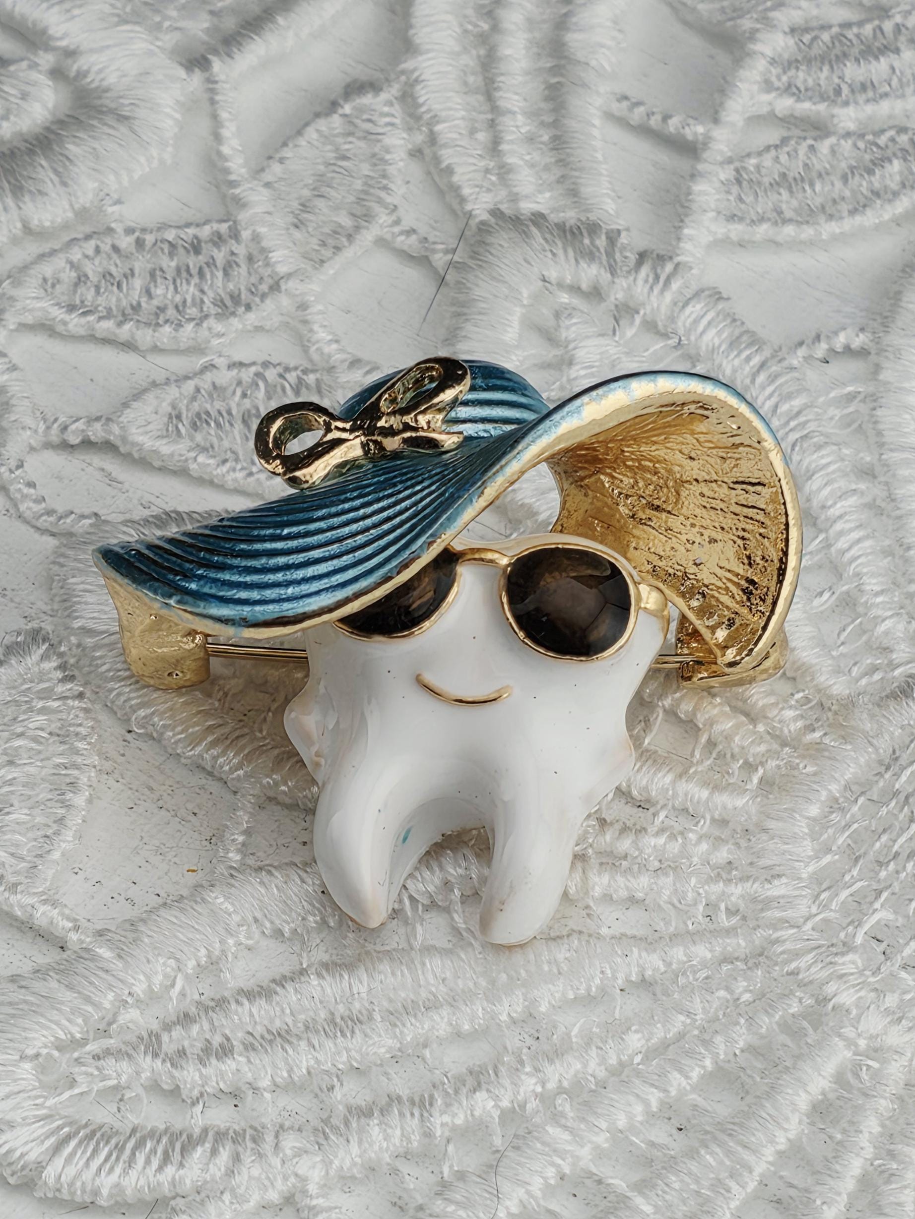Brooch Pins: Fun Tooth and Hat Designs (Pastel Colors, Gold Trim) | Handmade Pin | Jacket Scarf Hat Accessory | Gift Idea