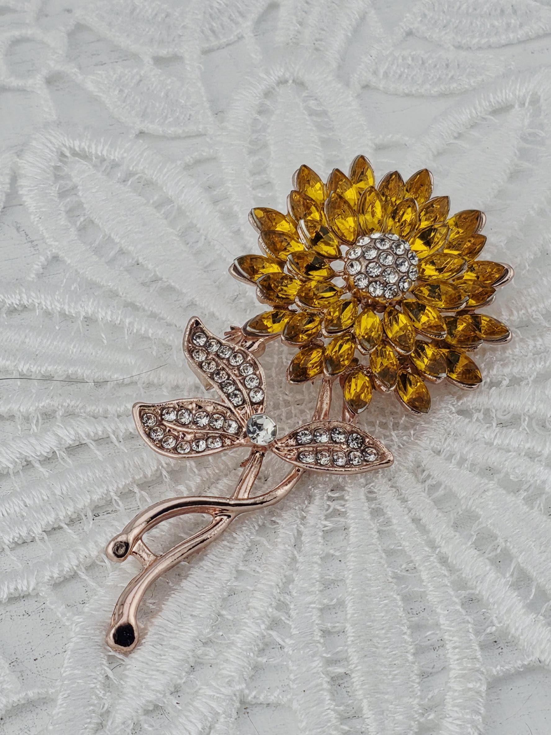 Sunflower Brooch - Yellow Flower with Rhinestone Detail | Handmade Pin | Jacket Scarf Hat Accessory | Gift Idea