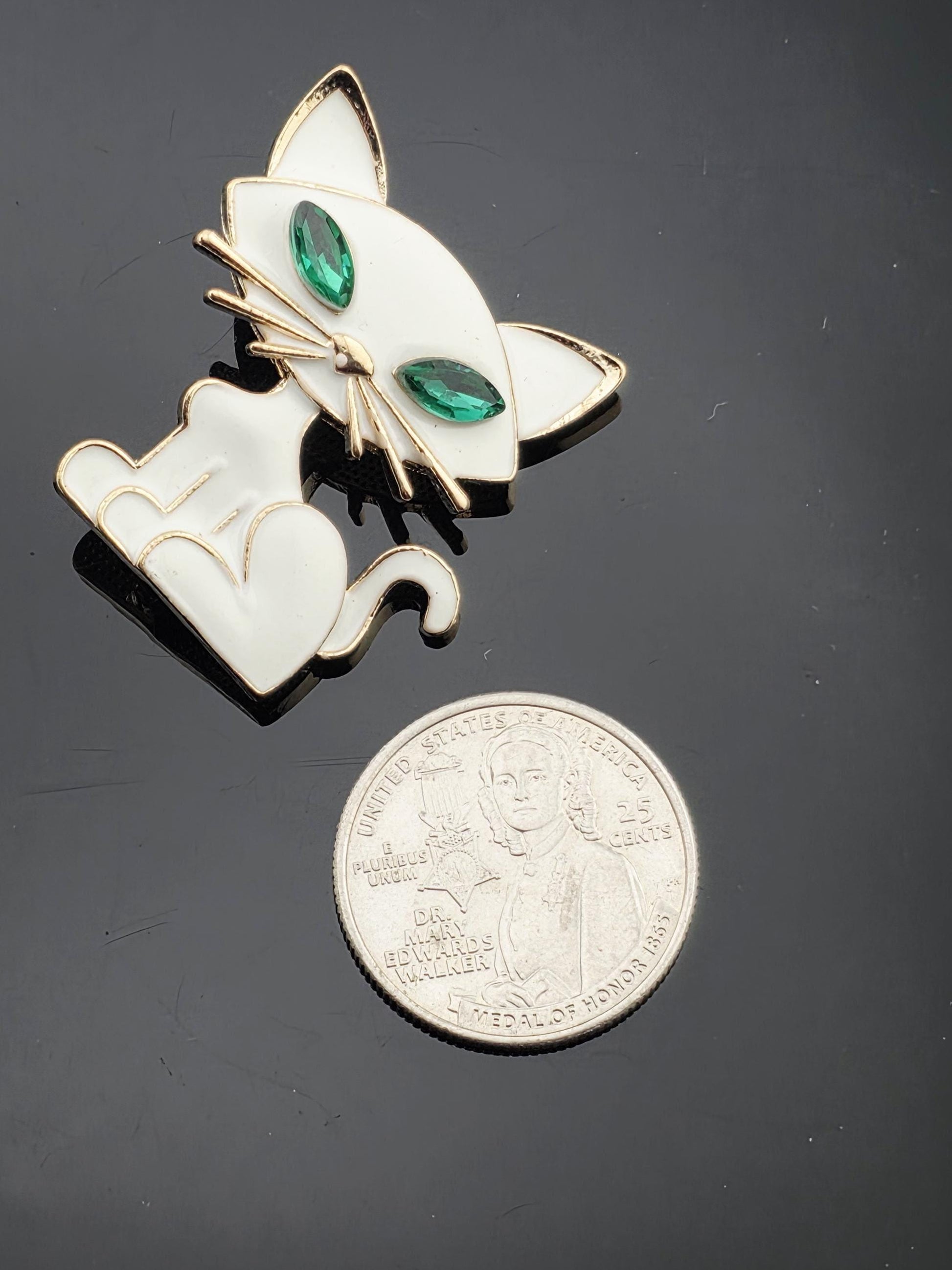 Cat Pendant Charm: Gold Frame with Green Gemstone Eyes | Handmade Pin | Jacket Scarf Hat Accessory | Gift Idea