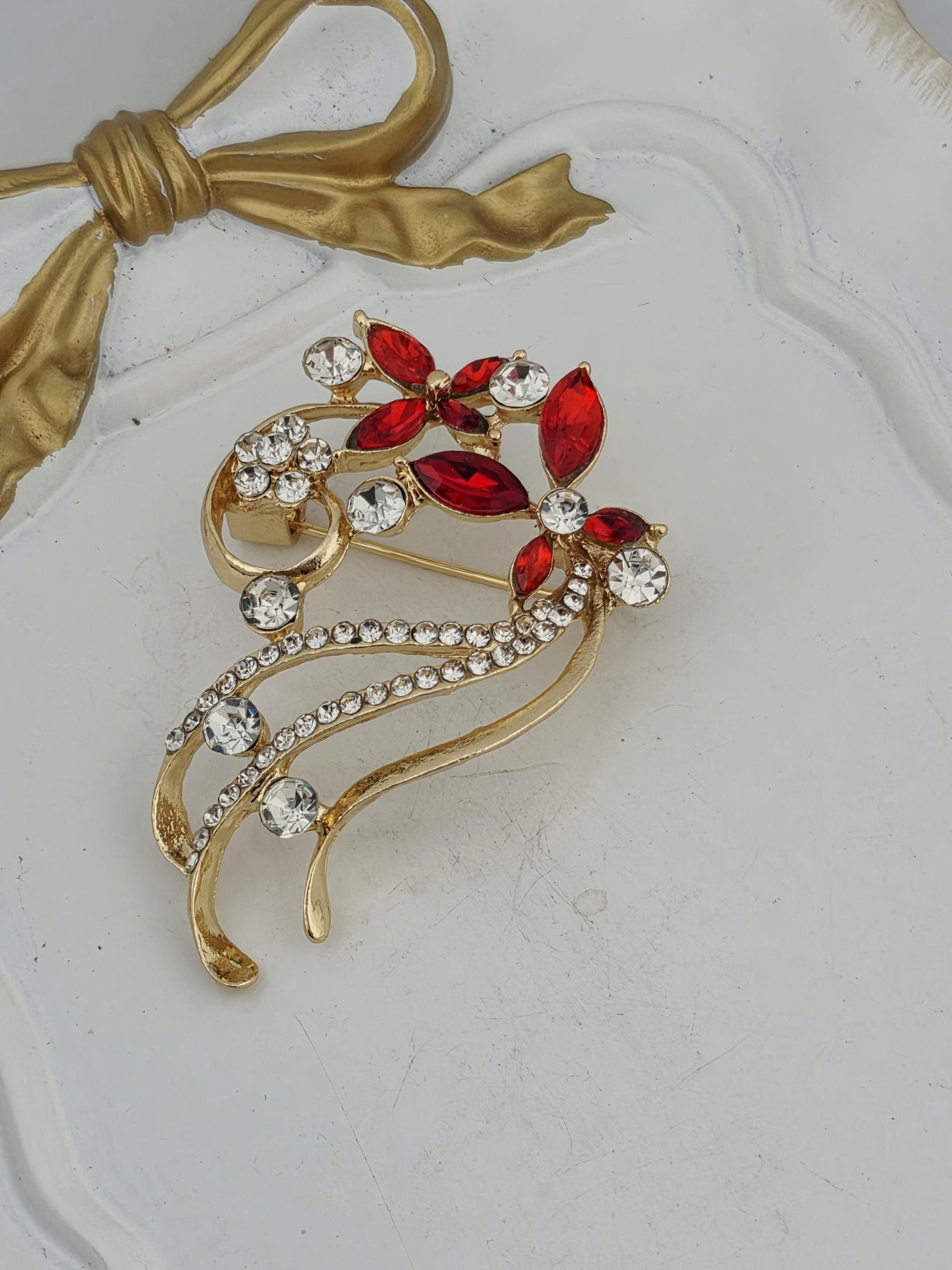 Floral Ruby Brooch, Gold Tone (45x30mm Sparkling Gems) | Handmade Pin | Jacket Scarf Hat Accessory | Gift Idea