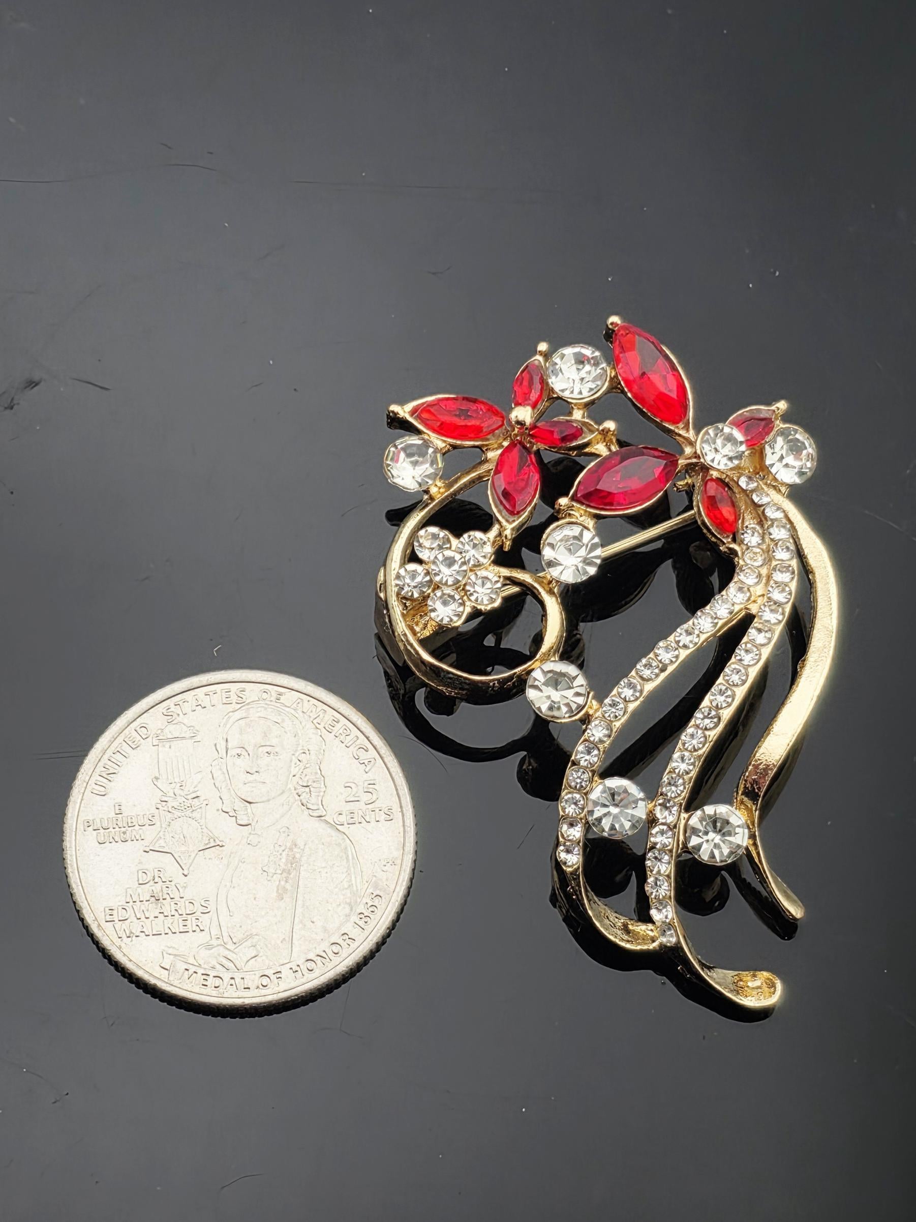 Floral Ruby Brooch, Gold Tone (45x30mm Sparkling Gems) | Handmade Pin | Jacket Scarf Hat Accessory | Gift Idea