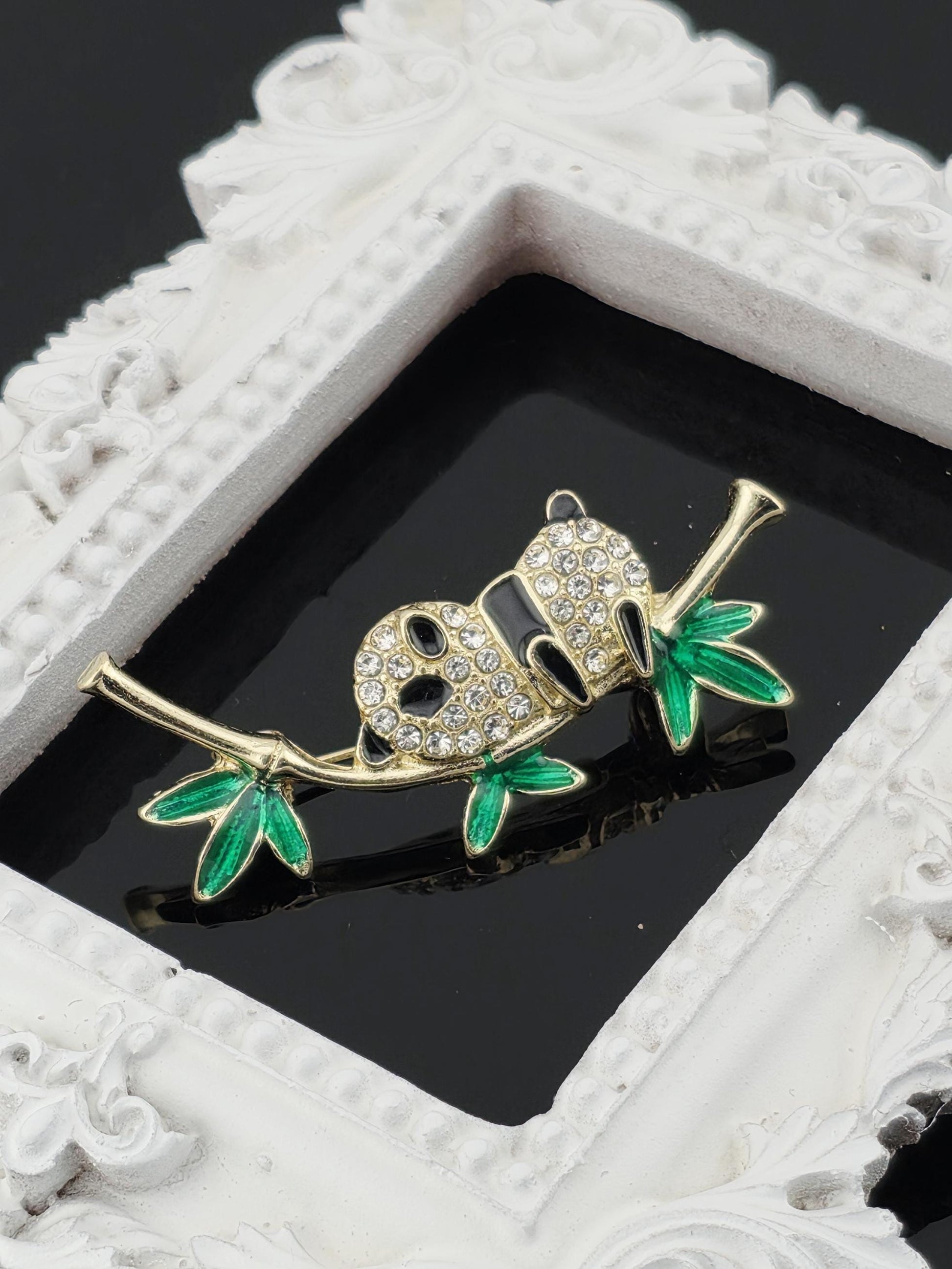 Panda Brooch Pin - Delicate Green Leaves with Sparkling Rhinestones | Handmade Pin | Jacket Scarf Hat Accessory | Gift Idea