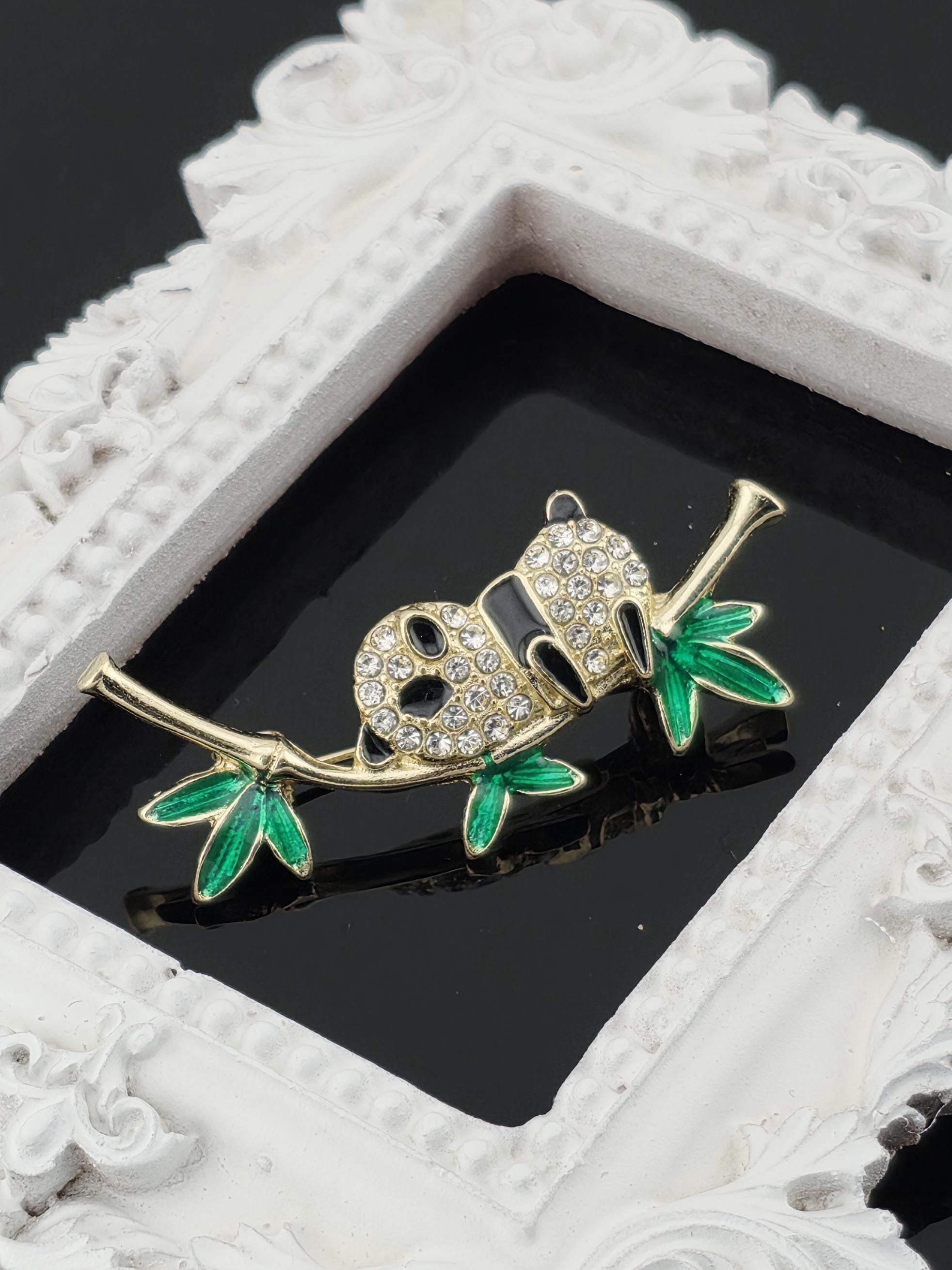 Panda Brooch Pin - Delicate Green Leaves with Sparkling Rhinestones | Handmade Pin | Jacket Scarf Hat Accessory | Gift Idea