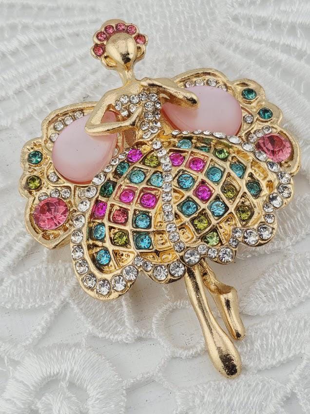 Ballerina Brooch: Gold Fairy Design - Pink Gem Accents | Handmade Pin | Jacket Scarf Hat Accessory | Gift Idea