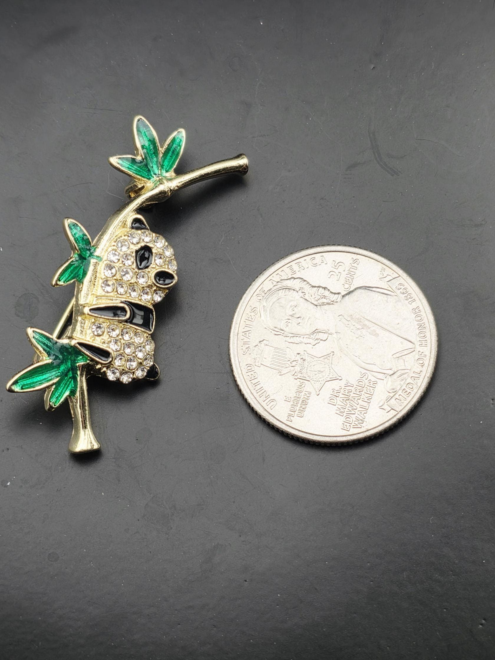 Panda Brooch Pin - Delicate Green Leaves with Sparkling Rhinestones | Handmade Pin | Jacket Scarf Hat Accessory | Gift Idea