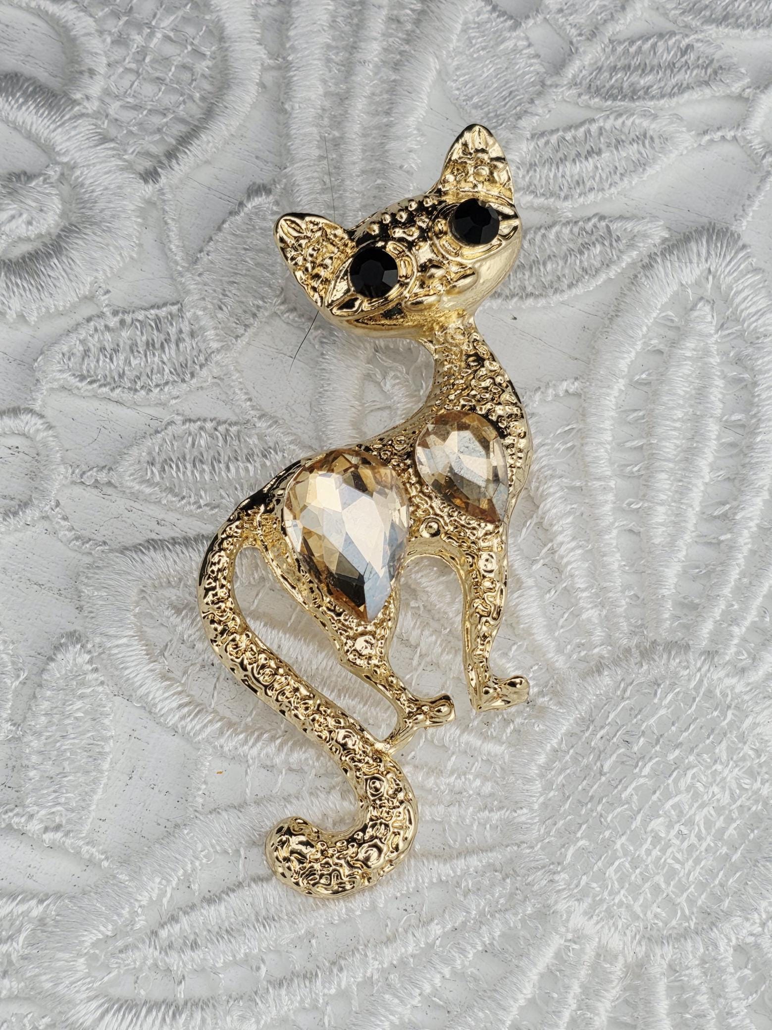 Gold Cat Brooch Pin - Rhinestone Detail, Cute Jewelry Accent | Handmade Pin | Jacket Scarf Hat Accessory | Gift Idea