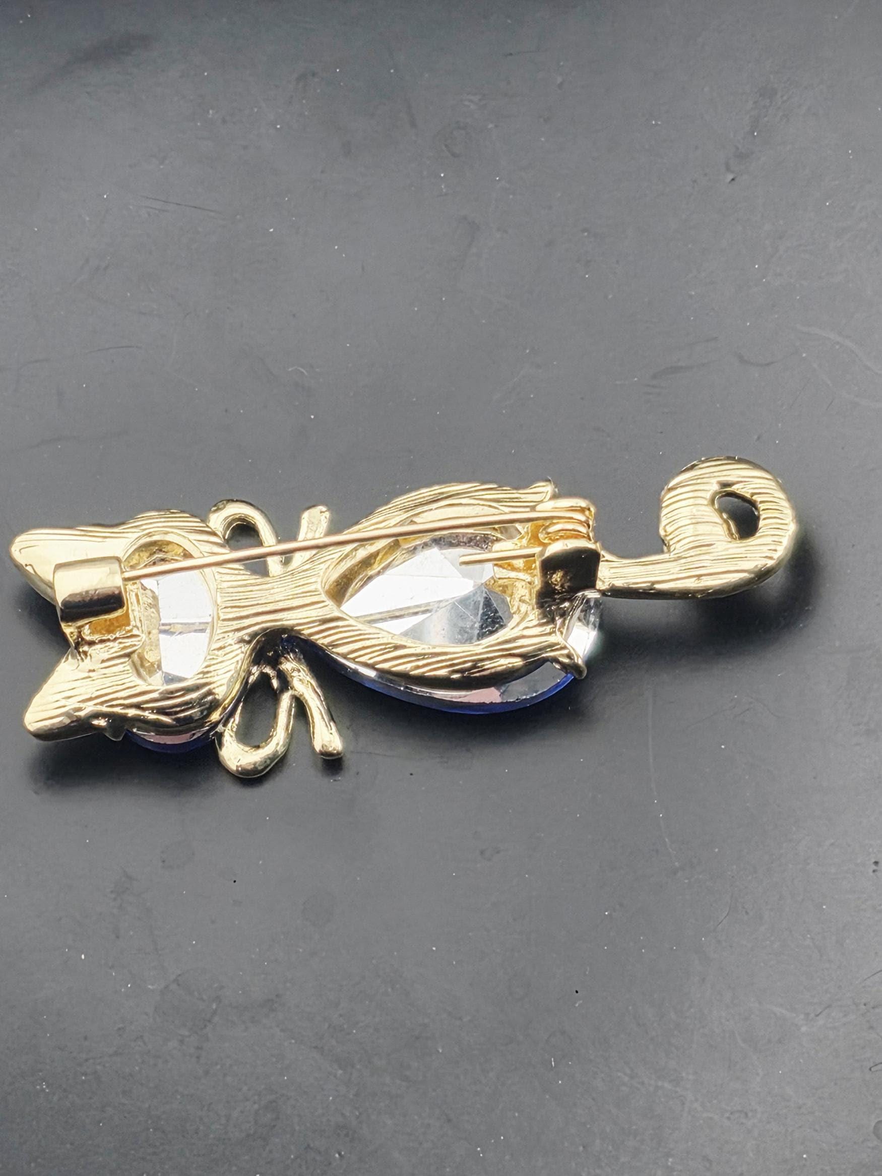Cat Brooch: Blue Gemstone Sparkle (Gold Tone, Small Size) | Handmade Pin | Jacket Scarf Hat Accessory | Gift Idea