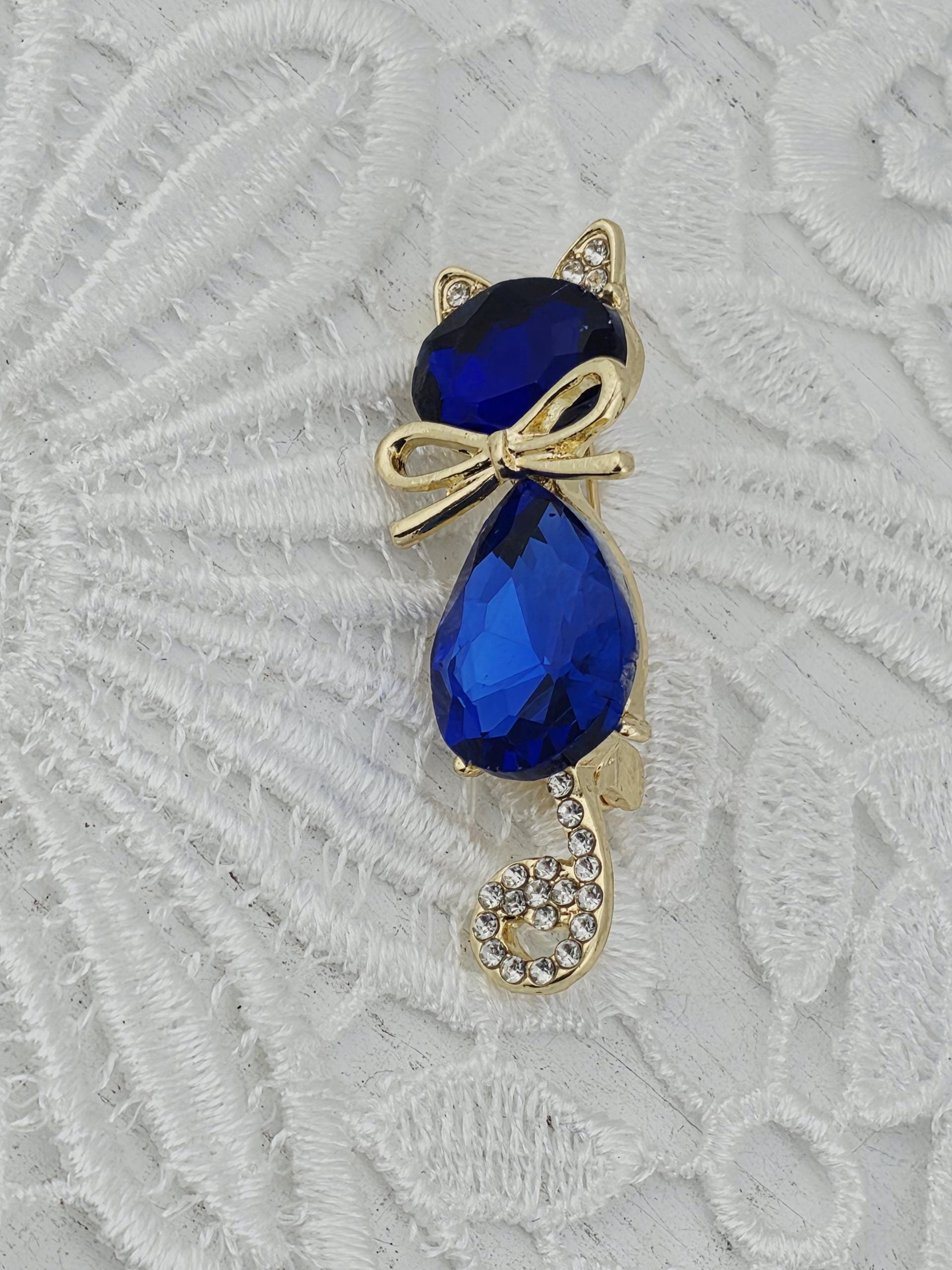 Cat Brooch: Blue Gemstone Sparkle (Gold Tone, Small Size) | Handmade Pin | Jacket Scarf Hat Accessory | Gift Idea