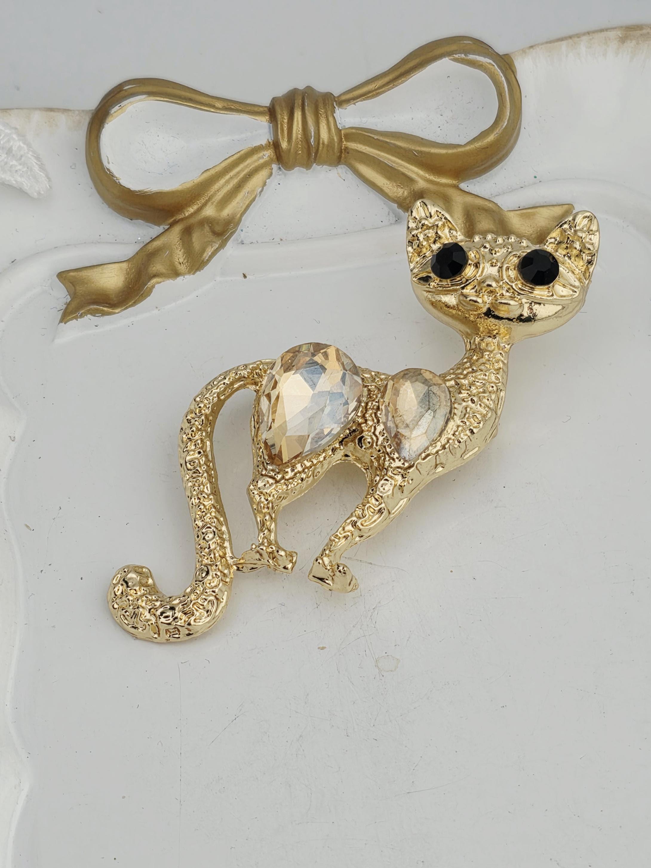 Gold Cat Brooch Pin - Rhinestone Detail, Cute Jewelry Accent | Handmade Pin | Jacket Scarf Hat Accessory | Gift Idea