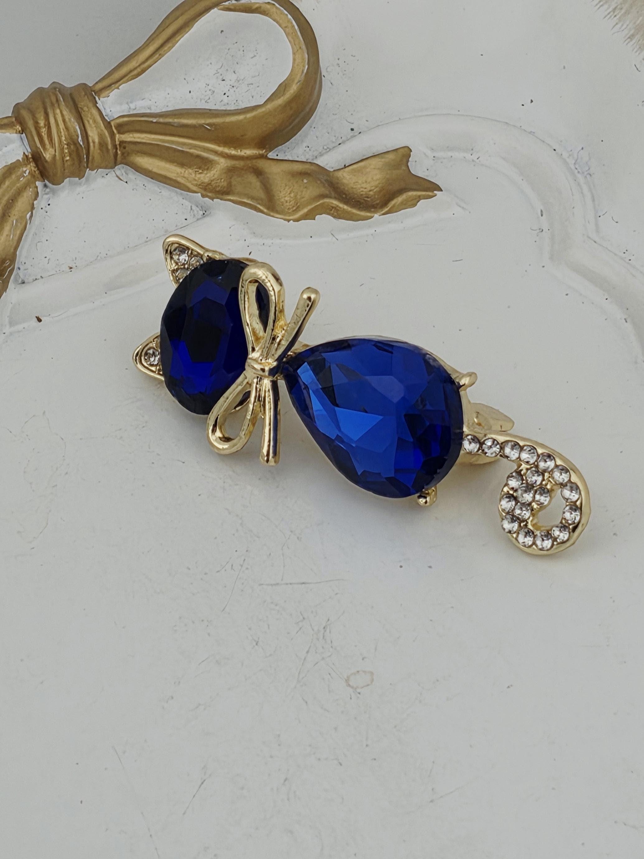 Cat Brooch: Blue Gemstone Sparkle (Gold Tone, Small Size) | Handmade Pin | Jacket Scarf Hat Accessory | Gift Idea